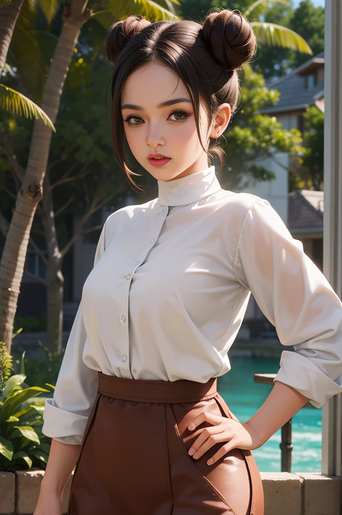 young woman, tanned skin, dark brown hair tied in two buns, brown eyebrows, chocolate eyes, thin nose, thin lips, round face, white clothes, Tenten, realism, 3d