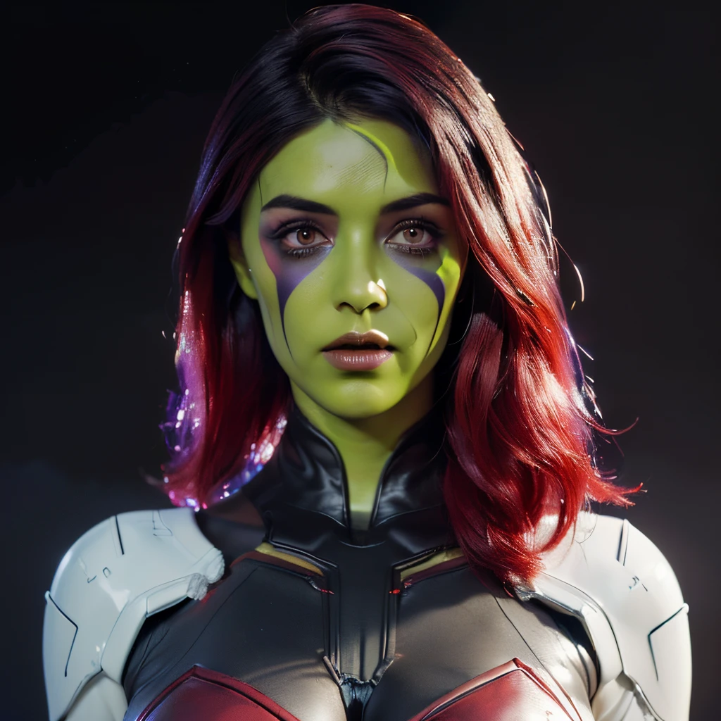 (((masterpiece))), 8k cg, best quality, intricate details, chromatic aberration, ((bust shot)), ((looking at the viewer)), 1girl, ((Character((Gamora)), playful frown, closed mouth, soft lips, purple eyes)), soft face, cute features, cute facial features, blush, long lashes, ((long hair, ((fiery red hair)), bob, straight bangs)), ((cybernetic suit, tights,)), defined body, big breasts, slender, curvy, (((background(((dark background)), fog)))