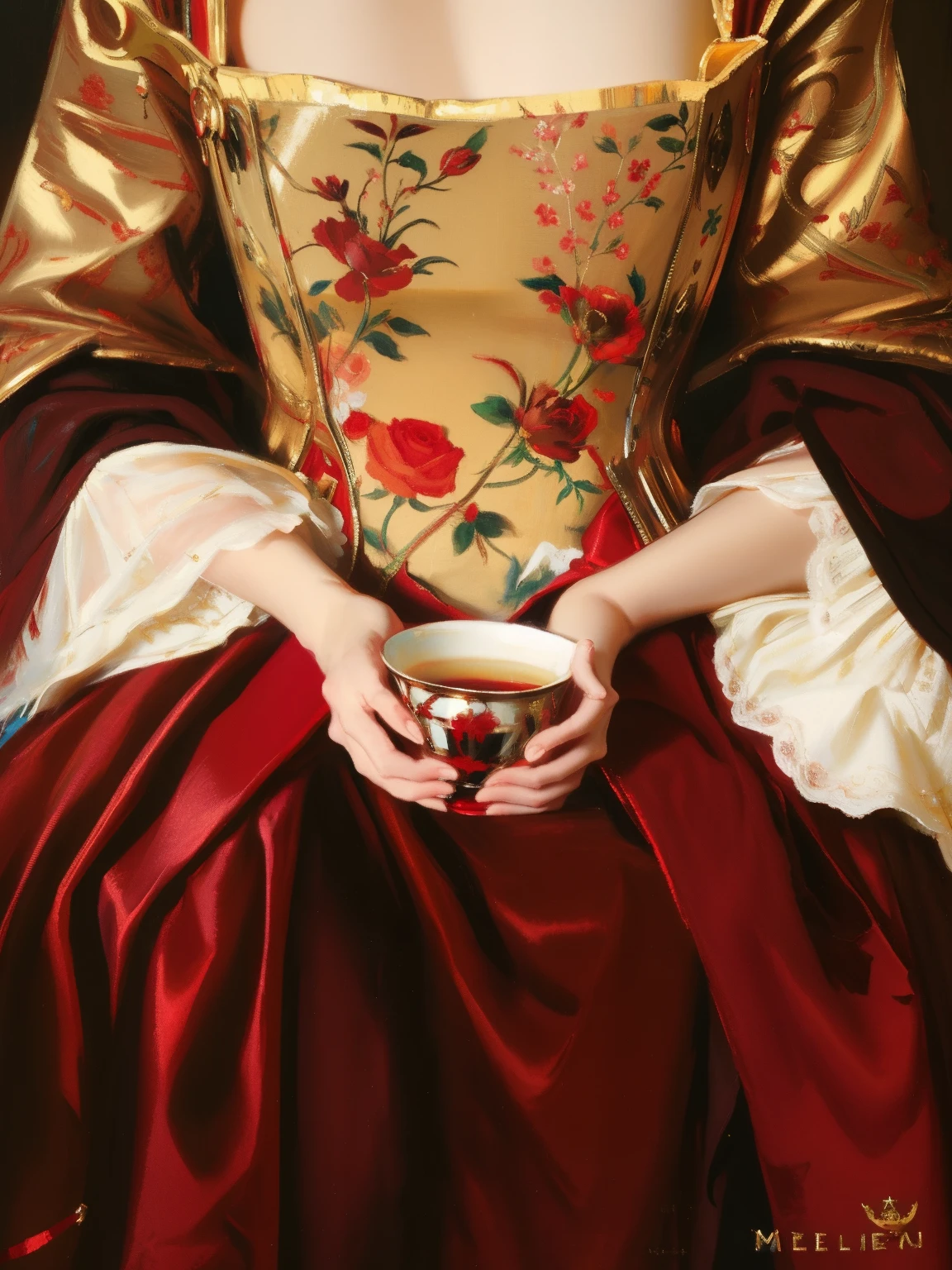 Close-up of a woman in a red dress holding a cup, Inspired by Mary Beale, Inspired by Pietro Longhi, Inspired by Joshua Reynolds, Inspired by Jean-Marc Nattier, 1 7 th century duchess, A complete picture of the bottom of the cup, author：Joshua Reynolds, Inspired by Ford Maddox Brown, inspired by alan ramsey, author：Alan Ramsey, tmasterpiece&#39;