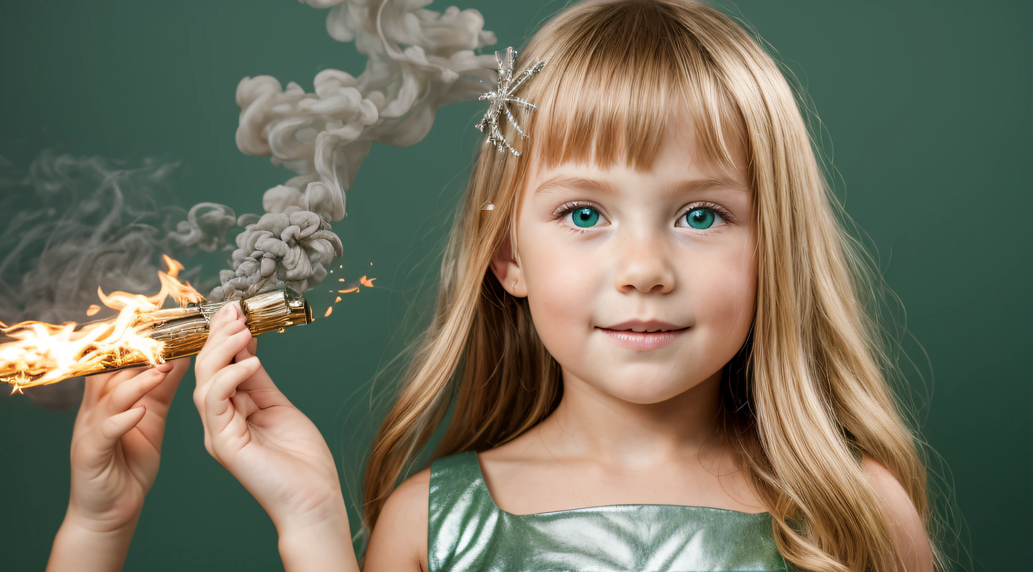 close-up CHILDREN BLONDE GIRL WITH LONG HAIR, em um fundo VERDE., usando um vestido prateado, vestido prateado e halo em chamas, Studio photo session, fundo branco. FUMO FUMO VERDE. LASER VERDE.