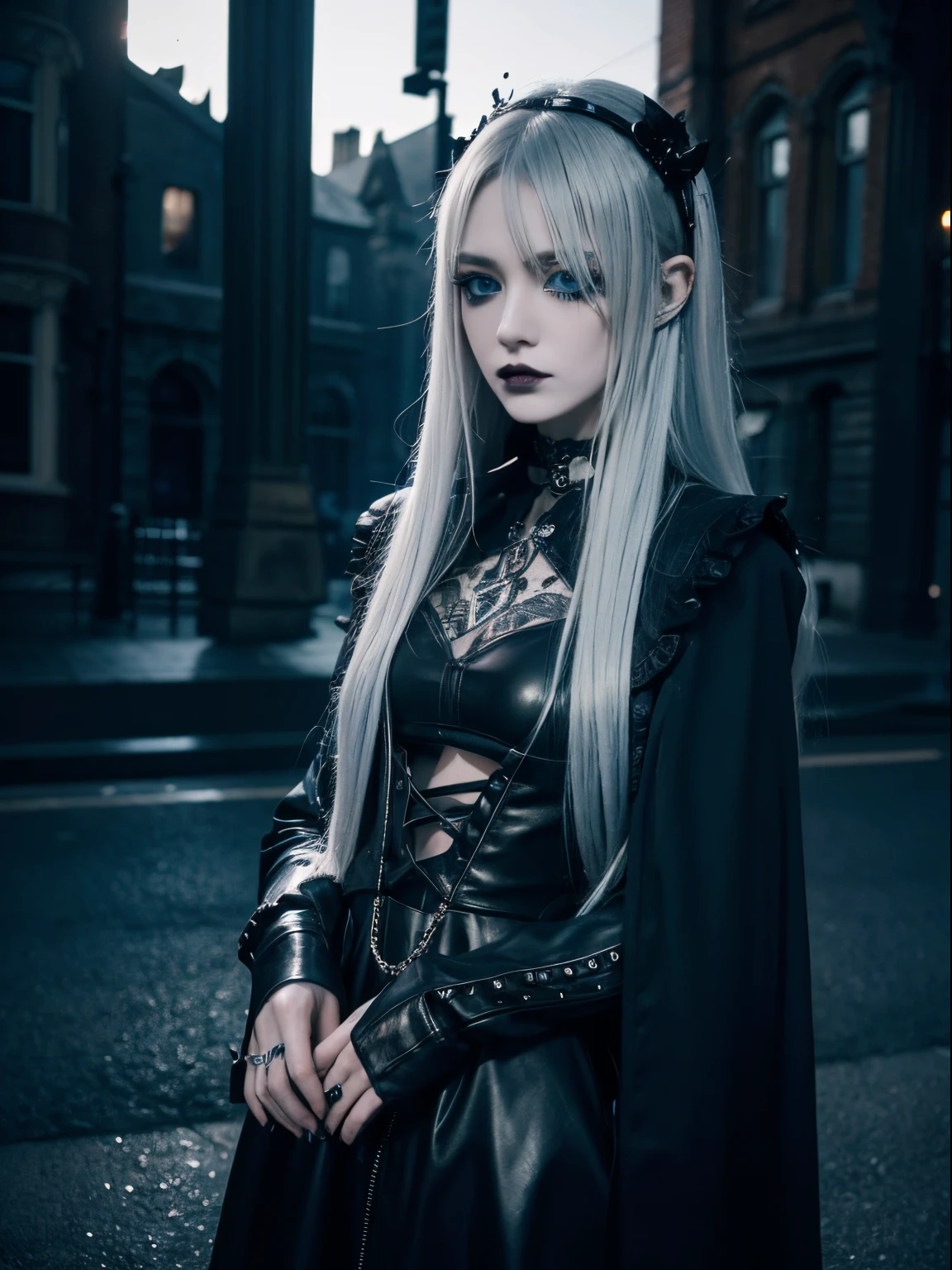 One girl, long silver hair, blue eyes, goth clothing, goth style, emo style, gothic fashion, night time background city, studio lighting, 8k, high resolution