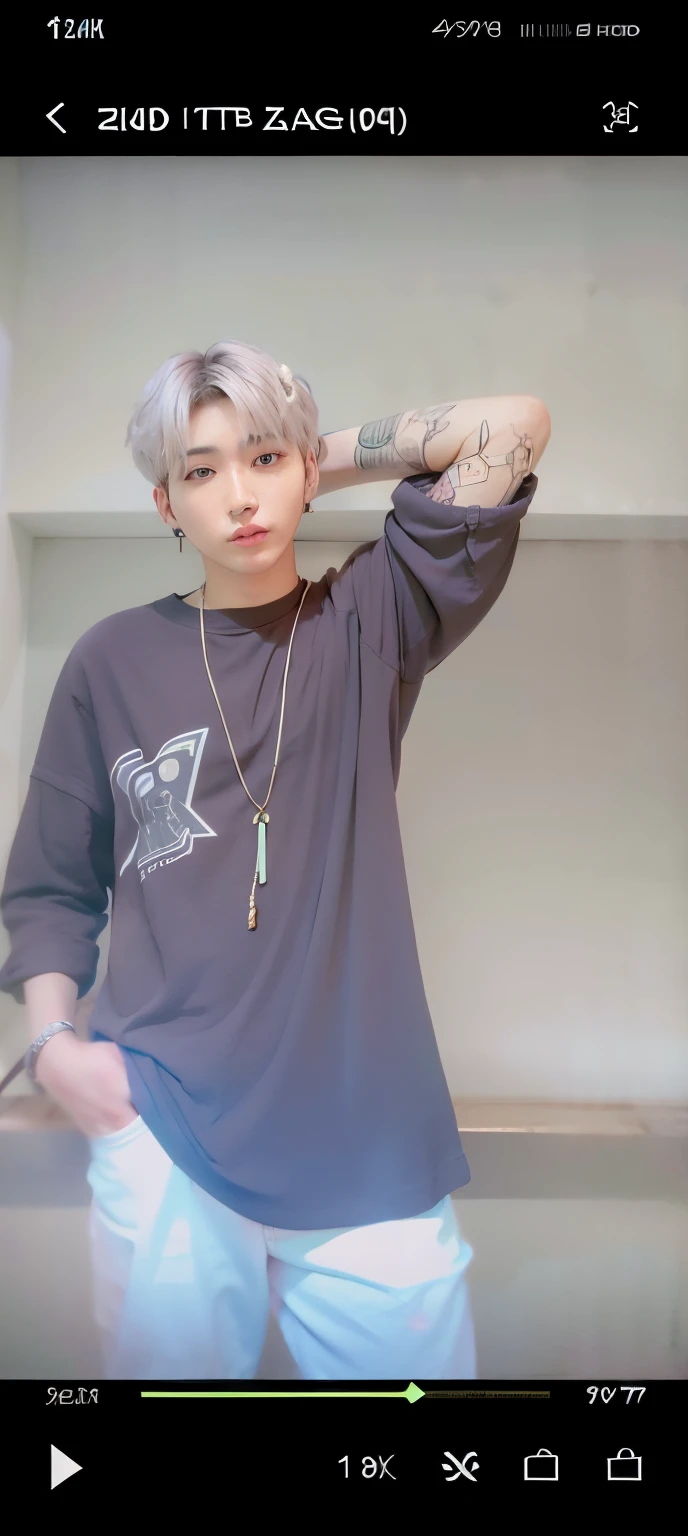 arafed image of a man with a tattoo on his arm, hyung tae, male ulzzang, very very low quality picture, profile pic, black haired yoongi, hong june hyung, xqc, with white long hair, cai xukun, taejune kim, wearing a baggy, open v chest clothes, tumblr, from 8 k matte, wearing silver hair