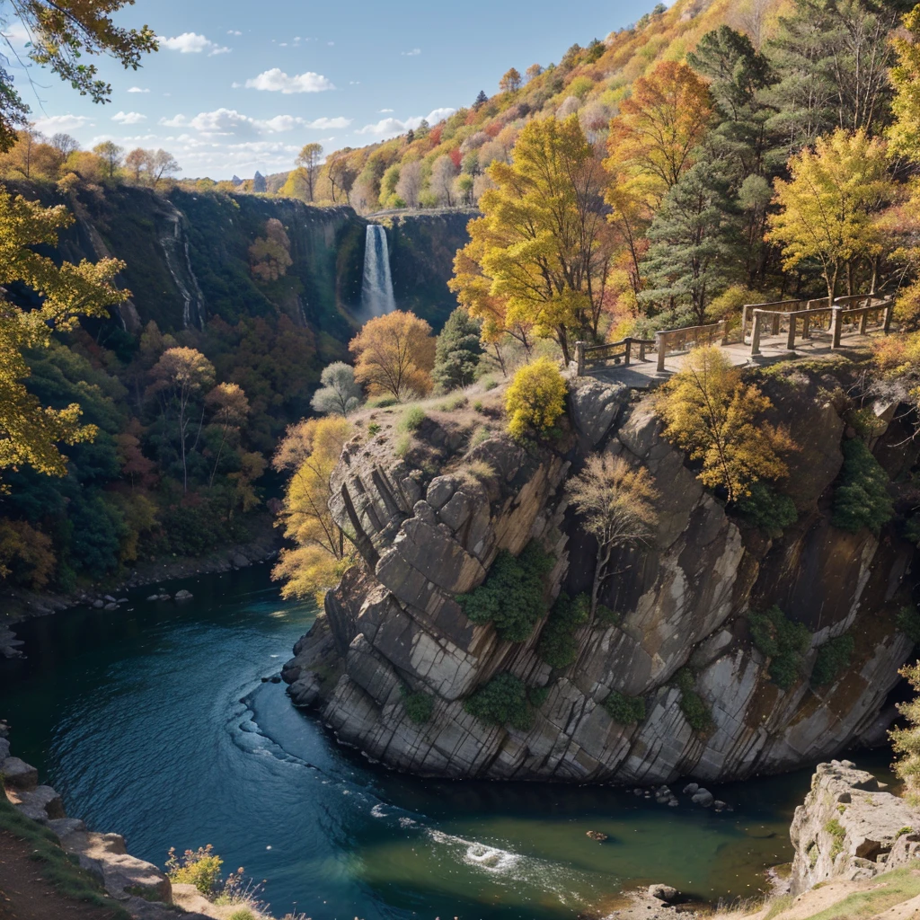 An autumn tree on a cliff, overlooking a long winding river, across is a waterfall, blue skies, sun shining brightly, (8k resolution), (wallpaper), (ultra high definition), legend of neverland