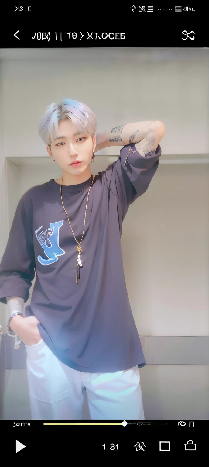 arafed image of a man with a tattoo on his arm, hyung tae, male ulzzang, very very low quality picture, profile pic, black haired yoongi, hong june hyung, xqc, with white long hair, cai xukun, taejune kim, wearing a baggy, open v chest clothes, tumblr, from 8 k matte, wearing silver hair