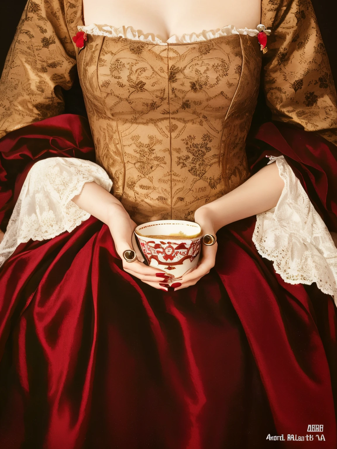 Close-up of a woman in a red dress holding a cup, Inspired by Mary Beale, Inspired by Pietro Longhi, Inspired by Joshua Reynolds, Inspired by Jean-Marc Nattier, 1 7 th century duchess, A complete picture of the bottom of the cup, author：Joshua Reynolds, Inspired by Ford Maddox Brown, inspired by alan ramsey, author：Alan Ramsey, tmasterpiece&#39;