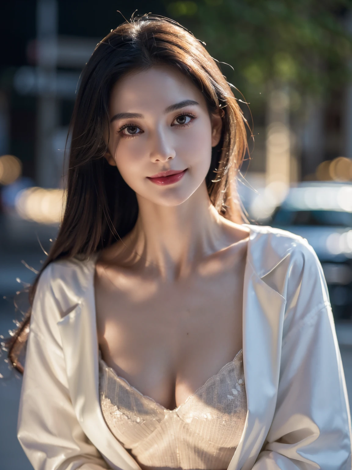 ((top-quality、8K、​masterpiece: 1.erfect Body Beauty: 1.4、Slender Abs: 1.2、Beautiful woman with slender abs:1.3、(Breast A Cup:1.2), (((small breast))), round shape breast, perfect shape breast, (((naked , coat, white panty))), pubic hair,hight pubic bone, looking at viewer,pov,looking down, smile,in cafe, full body,   necklace, hyperdetailed face、18year old、 Pretty women、(Dark brown hair), Slim Face、Highly detailed facial and skin texture、very detailed lip、top-quality、​masterpiece、超A high resolution、(Photorealsitic:1.4), long shot (full body) ,  (outdoor), bright background, sunset light