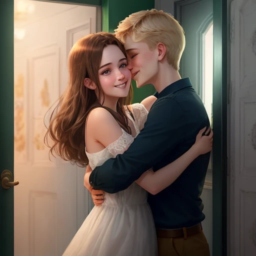 It was a wonderful evening. The girl stood there, with warm dark eyes and brown hair, a charming smile, like a dream out of a dream. The blond haired boy, who did not take his green eyes off her, did not feel reality, they were in an unknown space where only love was known, they hugged so tightly.