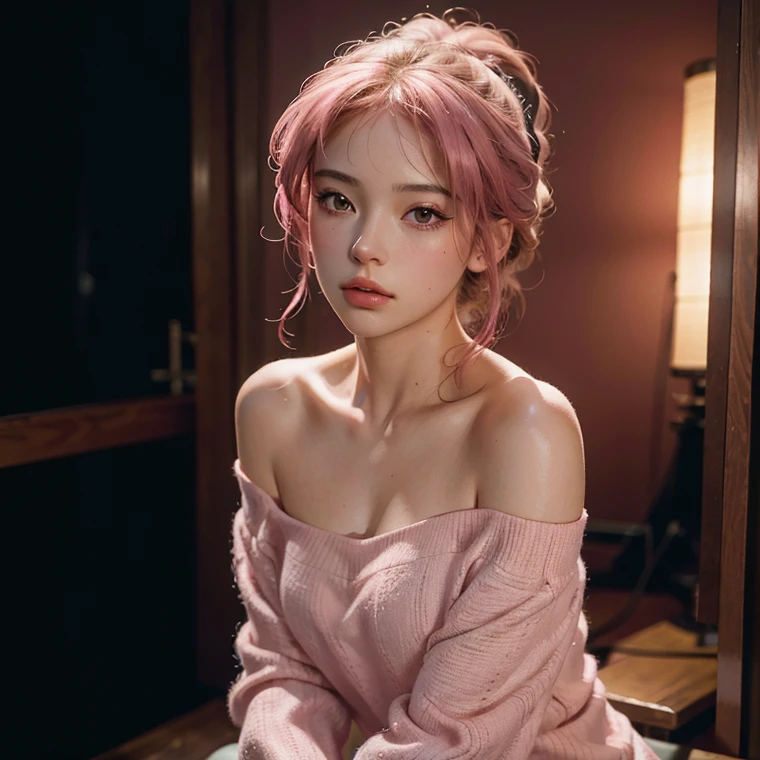 (masterpiece), (high quality), (8k resolution), (RAW photo), (best quality), (masterpiece:1.5), (realistic:1.5), ((photo realistic)), vibrant details, hyper realistic,1girl, (cute:1.2), beautiful, high-quality and detailed face, perfect face, (pink hair:1.4), rosy cheeks, detailed eyes, (blue eyes),colorful eyes,(watery eyes),nsfw, , slender body, looking at viewer, closed mouth, real human skin, shiny skin, mid breasts, ((school uniform)), sitting, bed,