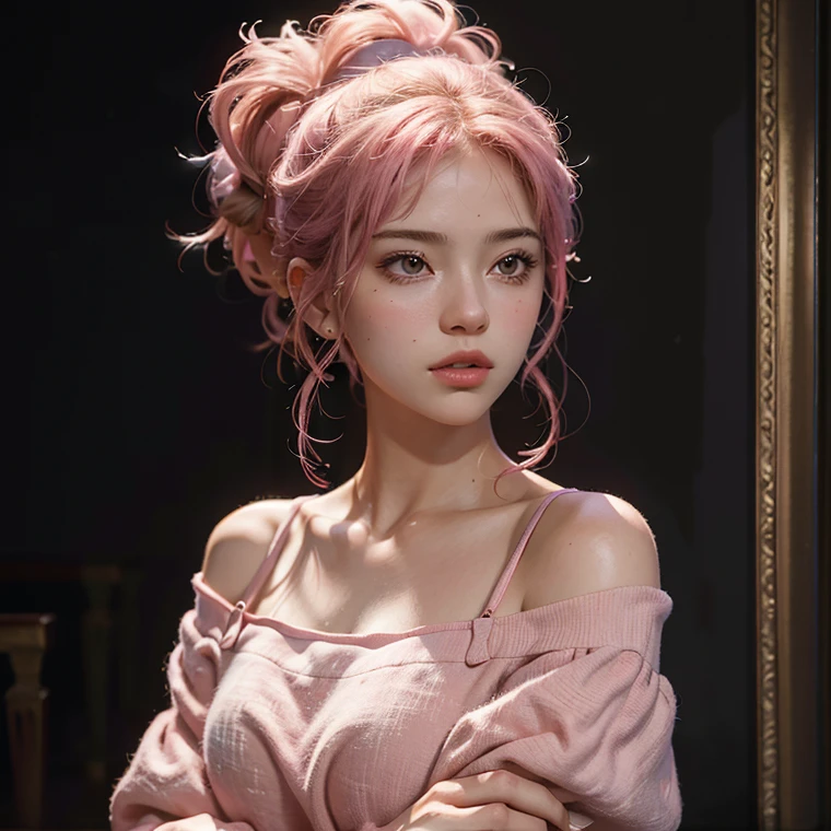 Best quality, masterpiece, ultra high res, (photorealistic:1.4), raw photo, 1girl, off shoulder sweater, cinematic lighting, pink hair, pink eyes, detailed eyes, straight silky hair, big boobs, (cleavage), brown skin, plump red lips, glossy lips, blush,