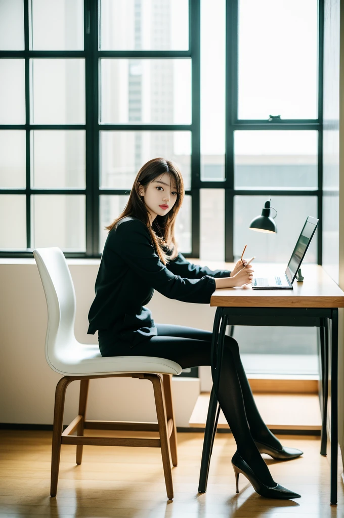 Woman sitting at desk in office，Raphael Tower visible from the window, gorgeous young korean woman, beautiful Korean women, korean artist, Korean girls, korean woman, sittinng on the desk, beautiful young korean woman, Korean fashion model, sit at your desk, illuminate warmly, Bae Xiuzhi, sit on chair, sit at your desk, captivating posture