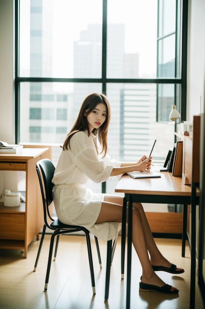 Woman sitting at desk in office，Raphael Tower visible from the window, gorgeous young korean woman, beautiful Korean women, korean artist, Korean girls, korean woman, sittinng on the desk, beautiful young korean woman, Korean fashion model, sit at your desk, illuminate warmly, Bae Xiuzhi, sit on chair, sit at your desk, captivating posture