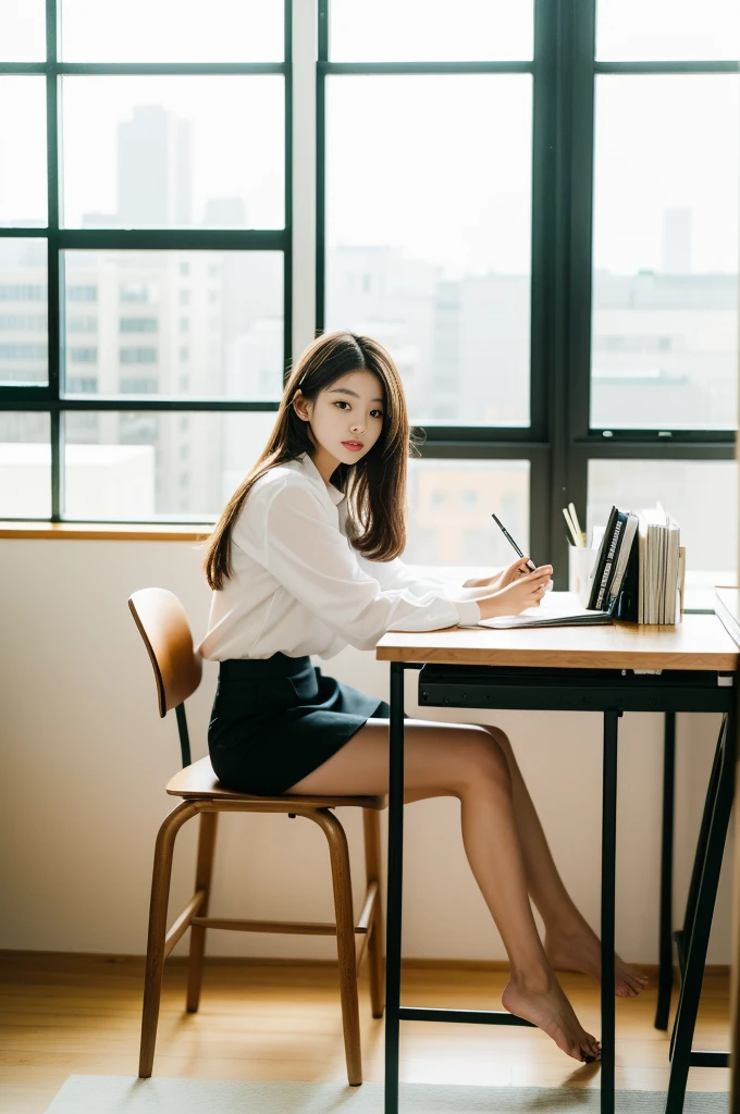 Woman sitting at desk in office，Raphael Tower visible from the window, gorgeous young korean woman, beautiful Korean women, korean artist, Korean girls, korean woman, sittinng on the desk, beautiful young korean woman, Korean fashion model, sit at your desk, illuminate warmly, Bae Xiuzhi, sit on chair, sit at your desk, captivating posture