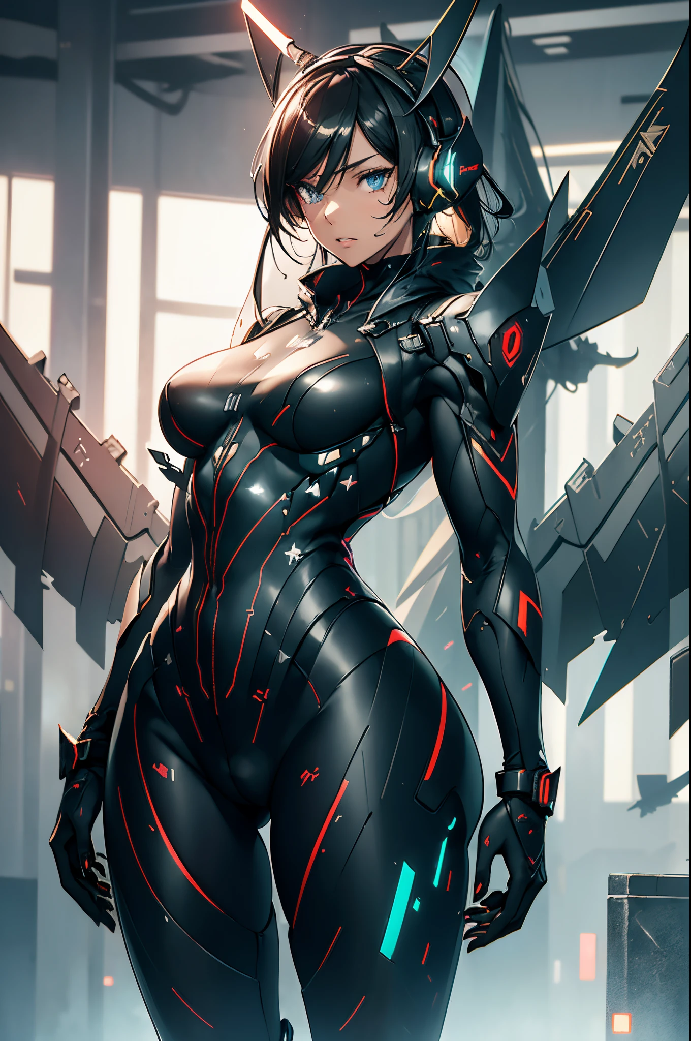 {{{{{masterpiece, best quality, official art, 8k, high resolution illustration}}}}}, 1girl, cute, 2d, japanese, hand drawn, anime style, girl in a smooth curve, matte black bodysuit inspired by a futuristic stealth bomber, (plane tail-ear headphones:1.6), The United States Air Force logo on outfit, standing on a runway military airport, gaze angled 30 degrees to the side, (fighter plane wings:1.6), black hair, blue eyes, glowing eyes, dark uniform, thick thighs, serious, long legs, adult, detail wings, (muscular girl:1.5), black uniform, muscular arms, triceps, biceps, (8-pack abs:1.3), (deadly:1.2), (horrible:1.2), (piercing gaze:1.2), machine of death, emotionless android, the most dangerous weapon of the world, cyborg girl, strong girl, overwhelming presence, warlord, humamized fighter, red antennas on head, {black bodysuit}, black latex pants, lips