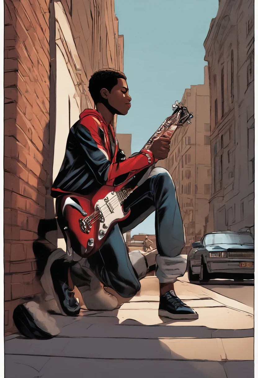 An image of Miles playing the electric guitar on a street corner, with a small crowd gathering around to listen.,Marvel Comics,Miles Morales, the dynamic character from the “Spider-Man” universe, is a young, black athletic teenager with a lean build, often seen in his distinctive black Spider-Man suit with red webbing and unique graffiti-style designs. He has a youthful, energetic face, often expressing a wide range of emotions from awe to determination, reflective of his age and the enormity of his responsibilities., male