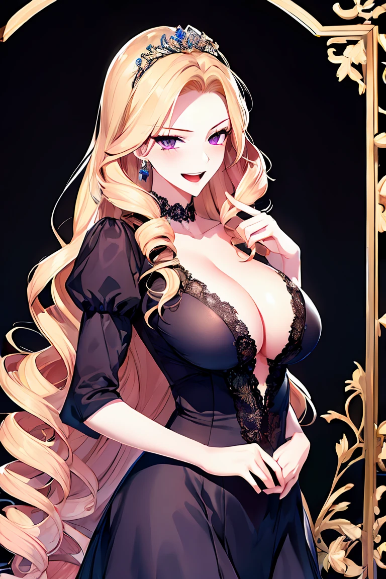 ((shoujo-style)), ((romance manhwa)), ((floral background)), 8k, masterpiece, highly detailed, solo, 1girl, laughing, hand on hip, ojou curls, (ojou-sama pose:1.2), happy, open mouth, blonde hair, long hair, flower, dress, (tiara), white dress, (gloves), long sleeves, thick eyeblows, purple eyes, white gloves, purple bow, purple flower, wavy hair, standing, bow, jewelry, looking at viewer, black background, collarbone, puffy sleeves, upper body, parted bangs, very long hair, purple dress, frills, bangs, cowboy shot, huge breast, cleavage