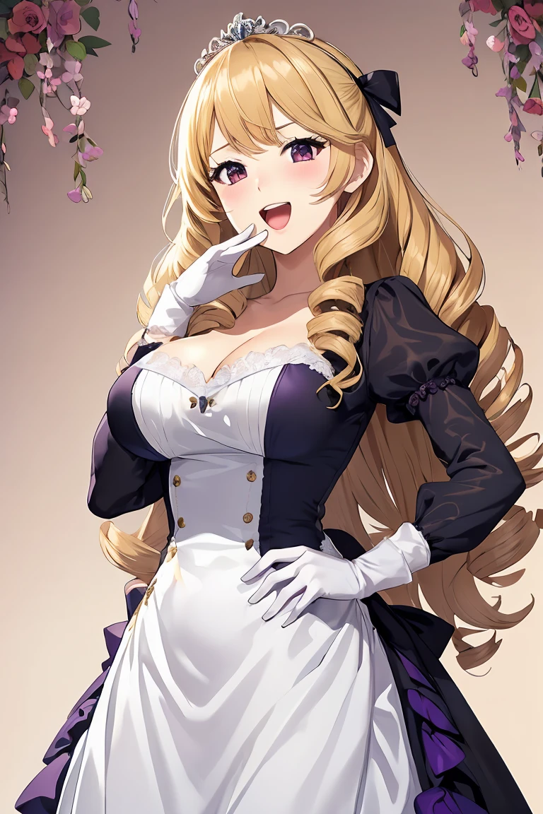 ((shoujo-style)), ((romance manhwa)), ((floral background)), 8k, masterpiece, highly detailed, solo, 1girl, laughing, hand on hip, ojou curls, (ojou-sama pose:1.2), happy, open mouth, blonde hair, long hair, flower, dress, (tiara), white dress, (gloves), long sleeves, thick eyeblows, purple eyes, white gloves, purple bow, purple flower, wavy hair, standing, bow, jewelry, looking at viewer, black background, collarbone, puffy sleeves, upper body, parted bangs, very long hair, purple dress, frills, bangs, cowboy shot, huge breast, cleavage