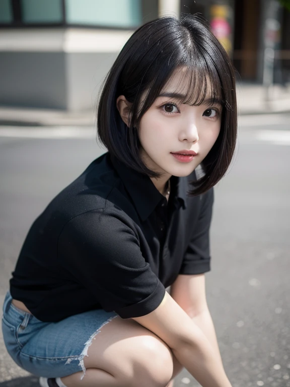 (masterpiece, best quality, photo realistic, hyper realistic, official art:1.4), (UHD, 8K wallpaper, High resolution, RAW photo:1.2), (shiny skin), Cinematic lighting, physically-based rendering, Award-winning, highly detailed skin, extra detailed face, (extremely detailed eyes, clear pupils), Carl Zeiss 85 mm F/1.4, BREAK, 1girl, solo, very cute and fascinated 24-year-old Korean girl, (Nogizaka idol:0.6), (K-pop idol:0.8), (glossy black hair, medium bob cut:1.3), rounded face, soft smiling, (well shaped detailed teeth:0.3), wearing collared white shirt, (breasts emphasized, well shaped medium breasts), (skinny jeans, sneakers:0.8), (looking at camera), BREAK, standing at Aoyama street, (crouching down like a gravure pose:1.3), (portrait, extreme close shot, face focus:1.2), view from forward, view from above,