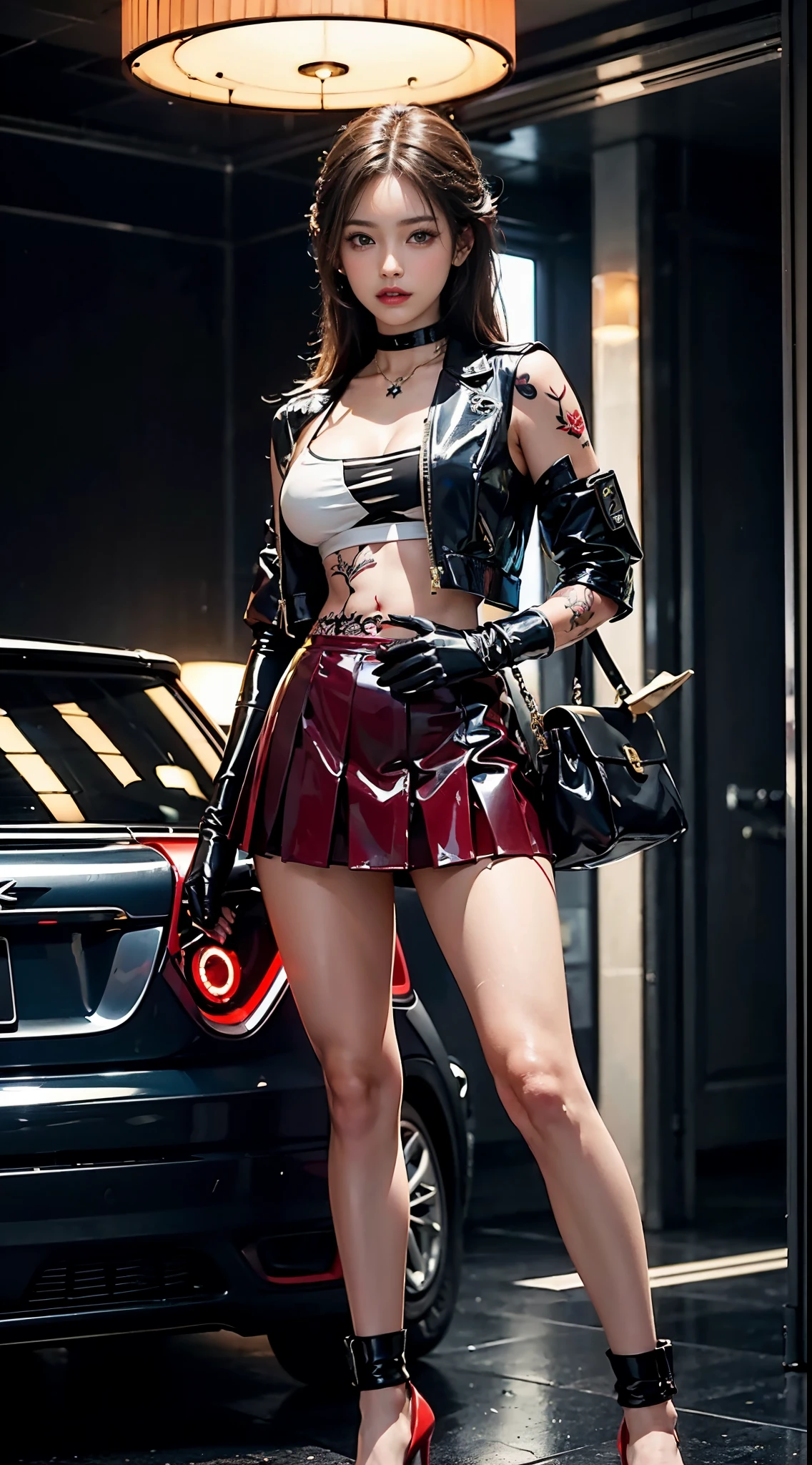 ((​masterpiece:1.4)、(top-quality:1.4)、(reallistic:1.7))、masuter piece:1.4、(Top-of-the-line rendering:1.4)、(Female SWAT member of the 73rd Division of the Space Federation:1.4)、Super Beautiful Investigator、(hold a gun:1.2)、Body Fit Sexy Uniform、(Glossy luxury latex:1.4)、(Navy blue sleeveless uniform jacket)、(Underwear White Sexy Super Ultra Bikini)、(Luxury Red Latex:1.4)、(Red pleated mini skirt:1.4)、22year old、(Cute tattoos:1.4)、(Wearing white gloves)、Kawaii Girl、Super beauty、foco nítido、Portrait photos、(Perfect female body:1.4)、perfectly proportions、Upper body photography:1.4、美丽的面容、Fearless look、beautidful eyes、Narrow waist、beauty legs、(length hair:1.2)、Beautiful udder、large full breasts:1.2、Sexy ass、(Standing facing the front:1.4)、Raw photo、red-lips、Red high heels:1.4、a choker:1.4、a necklace:1.4、耳环:1.4、1 screen display、Beautiful night view of Cyberpunk City:1.2