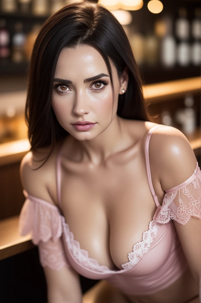 Demi moore, (Demi Lovato:1.14), mole under eye, heart-shaped pupils, rolling eyes, crazy eyes, raised eyebrows,pink lingerie, lace lingerie, transparent lingerie, satin, UHD, super detail, masterpiece, highres,Raw photography,1Beautiful girl, extremely detailed CG unified 8k wallpaper, highly detailed, High-definition raw color photos, professional photograpy, Realistic portrait, brunette, long hair, big breasts, (Off-shoulder with very loose breasts:1.3), (leaning forward:1.3), Indoors, ((stylish bar, stylish bar counter, bar, drinks, cocktails)), (((Bokeh))), depth of fields, view from above,