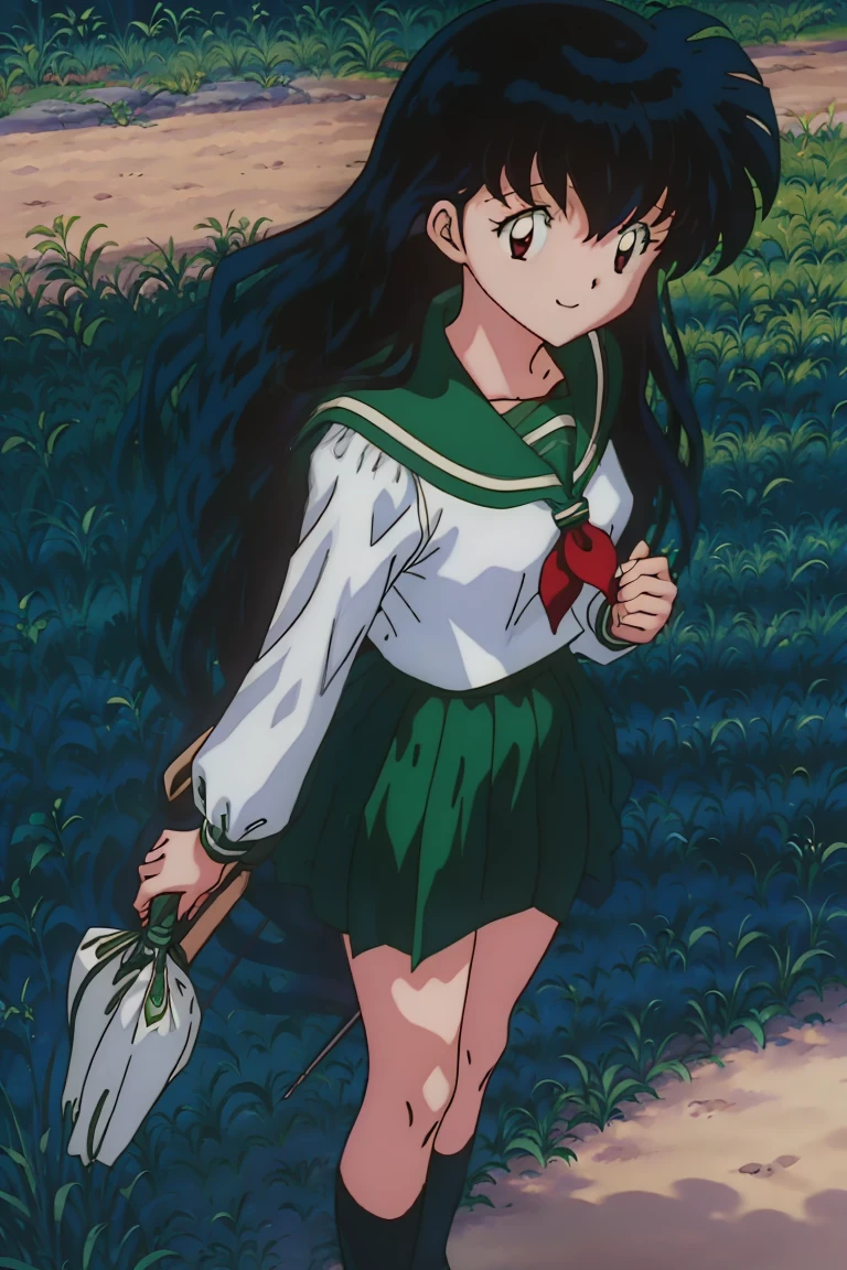 Best Quality, 巨作,1girl, ((anime)) ((Colored)) HD, Kagome Higurashi, 1girl, school uniforms, Standing, Green skirt, long hair, Black hair between the eyes, long hair, Red scarf, chest, smile, Full body, wallpaper, mini skirt, Skinny thighs
