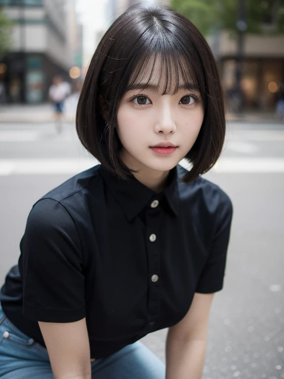 (masterpiece, best quality, photo realistic, hyper realistic, official art:1.4), (UHD, 8K wallpaper, High resolution, RAW photo:1.2), (shiny skin), Cinematic lighting, physically-based rendering, Award-winning, highly detailed skin, extra detailed face, (extremely detailed eyes, clear pupils), Carl Zeiss 85 mm F/1.4, BREAK, 1girl, solo, very cute and fascinated 24-year-old Korean girl, (Nogizaka idol:0.6), (K-pop idol:0.8), (glossy black hair, medium bob cut:1.3), rounded face, soft smiling, (well shaped detailed teeth:0.3), wearing collared white shirt, (breasts emphasized, well shaped medium breasts), (skinny jeans, sneakers:0.8), (looking at camera), BREAK, standing at Aoyama street, (crouching down:1.3), (portrait, extreme close shot, face focus:1.2), view from forward, view from above,