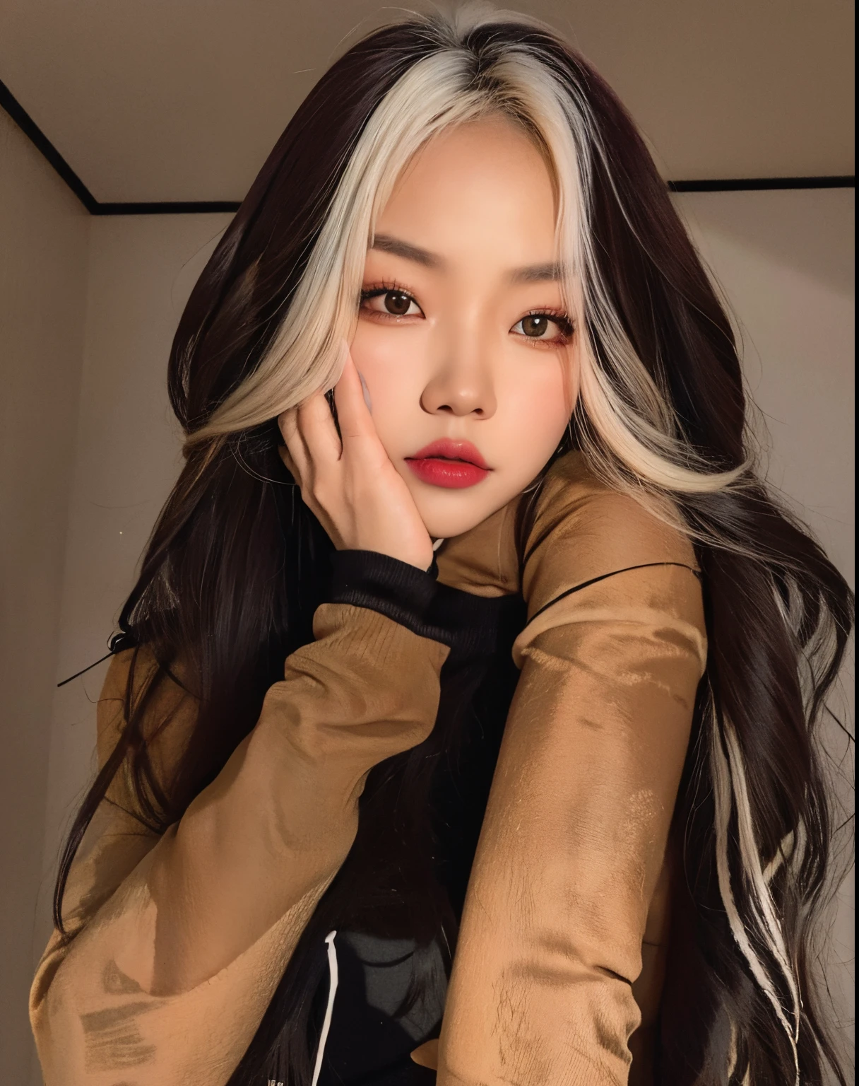 mulher arafa com longos cabelos pretos e uma jaqueta bege, her hair is white, com cabelos longos brancos, branco hime corte penteado, Destaques brancos no cabelo, jennie blackpink, Asian girl, Shikami, com longos cabelos brancos, Retrato de Jossi de Blackpink, menina coreana, Parque Roseanne do Blackpink, foto de perfil, Asian face, wan adorable korean face