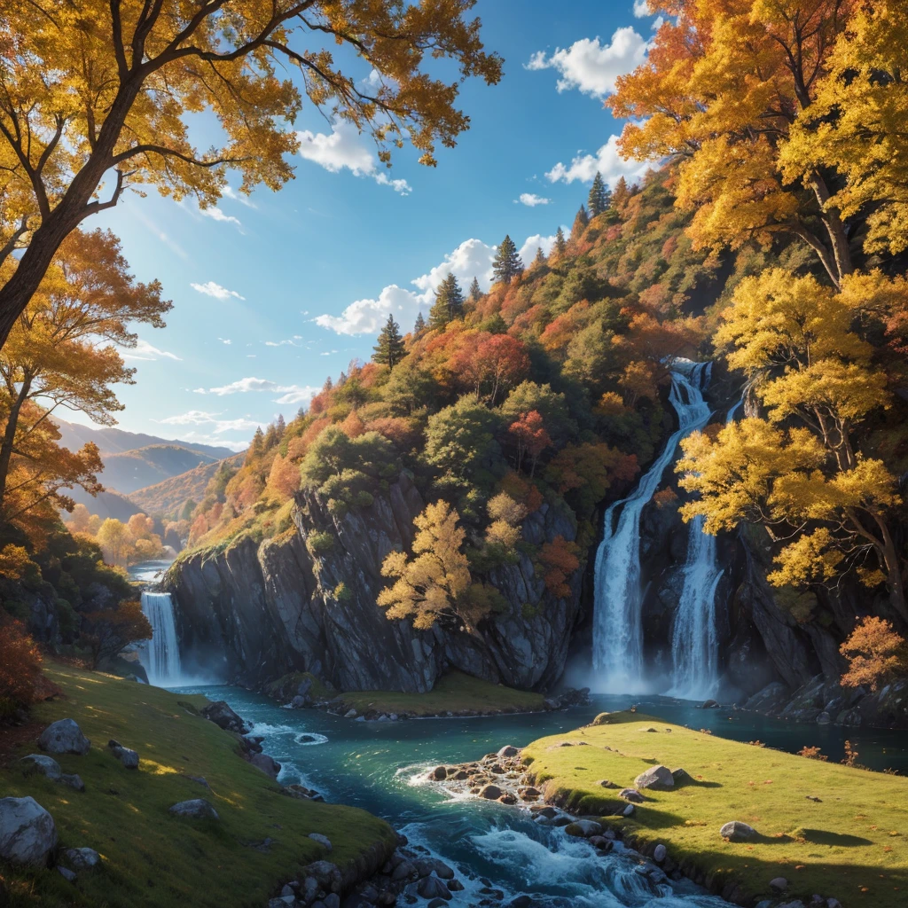 The Legend of Neverland, a maple tree in autumn on a cliff, overlooking a long winding river, across is a waterfall, blue skies, sun shining brightly, (8k resolution), (wallpaper), (ultra high definition), legend of neverland