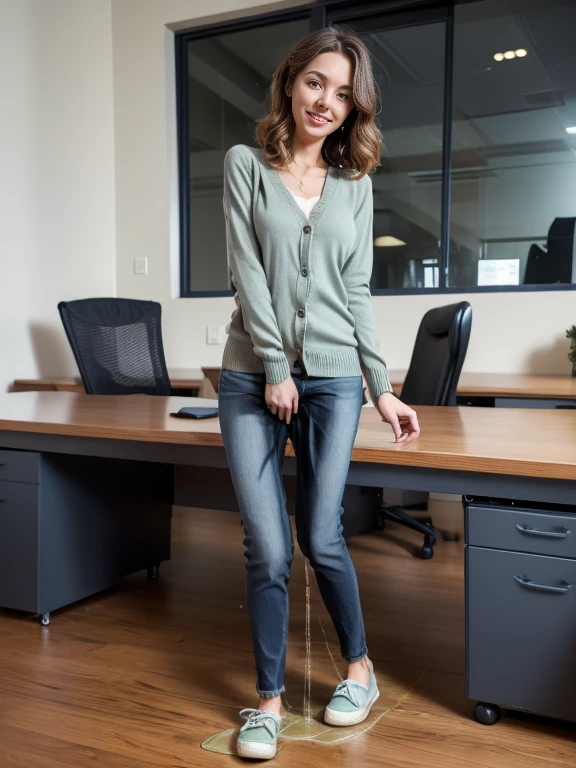 ((woman standing in an office in very tight low cut mint green blouse and very long grey cardigan sweater and navy blue skinny jeans and black flat shoes)), enveloped by maple syrup, (((show shoes))), inviting smile, maple syrup pouring over clothes, ((NSFW)), nipples showing through syrup enveloped sweater, v-neck blouse with cleavage showing, short curly blonde hair, blue eyes, pee, peeing self, wetting, pee stain