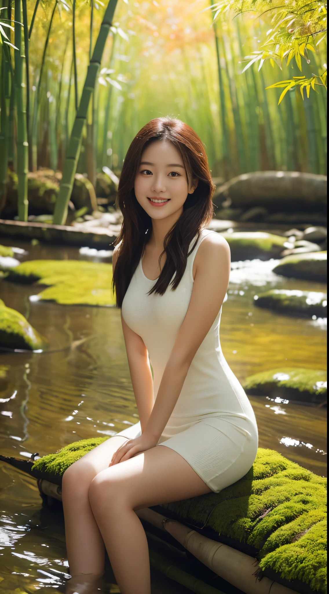 On a vibrant autumn afternoon，8K high-definition painting shows a 19-year-old girl。She is wearing a white tight dress，Sitting quietly on the big moss-covered stone in the bamboo forest。The sun shines，Her smile is like the autumn sunshine，Full of youthful vitality。Surrounding bamboo forest、The gurgling river water together forms a beautiful picture，Telling about the autumn afternoon time。