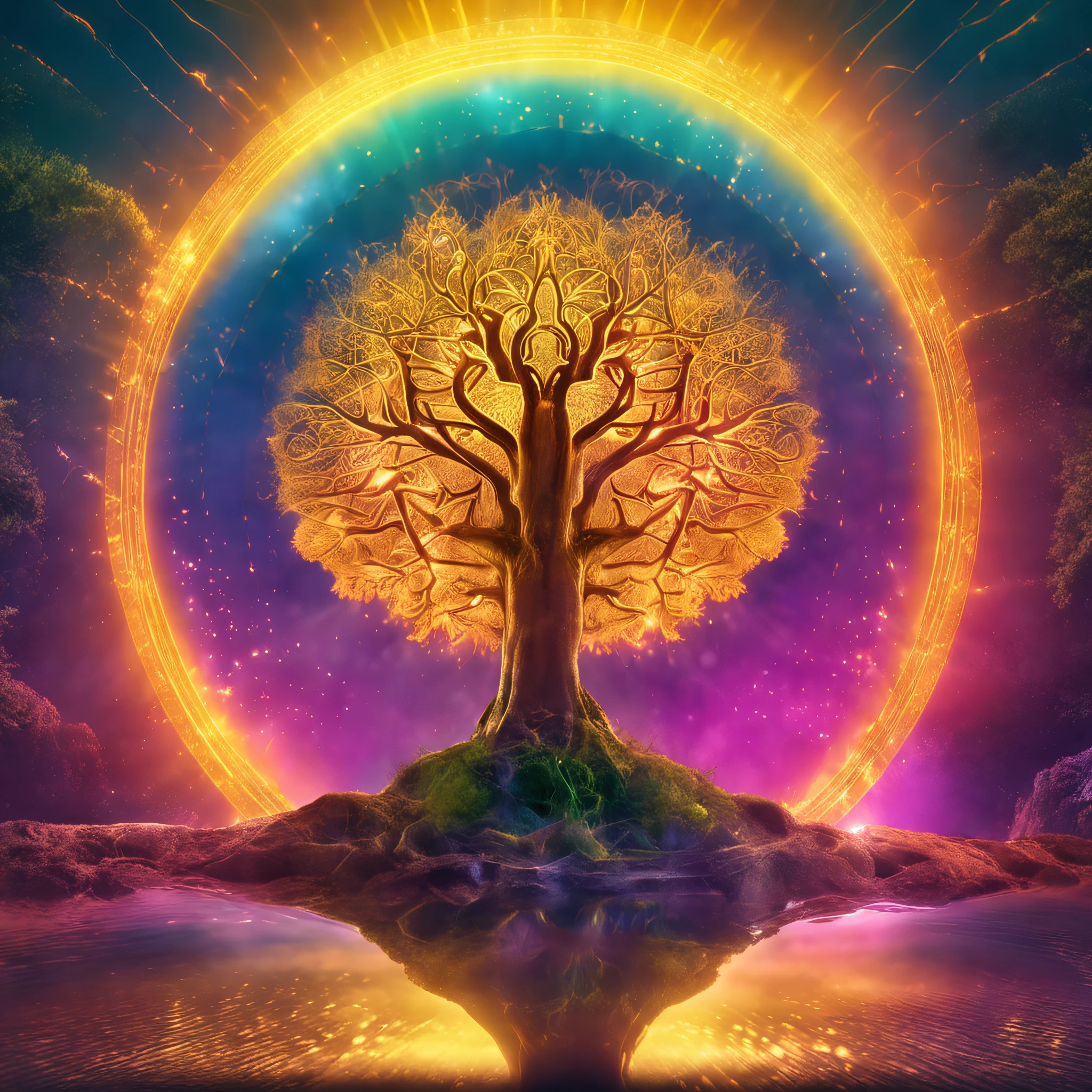 Bodhi tree, symbol of Buddhism, iridescent in rainbow colors, with a golden aura around him with a very bright divine light descending from the sky, High Definition Image, detalhamento alto e estilo fotorrealismo. Imagem com pelo menos 300 dpi, UHD 8k