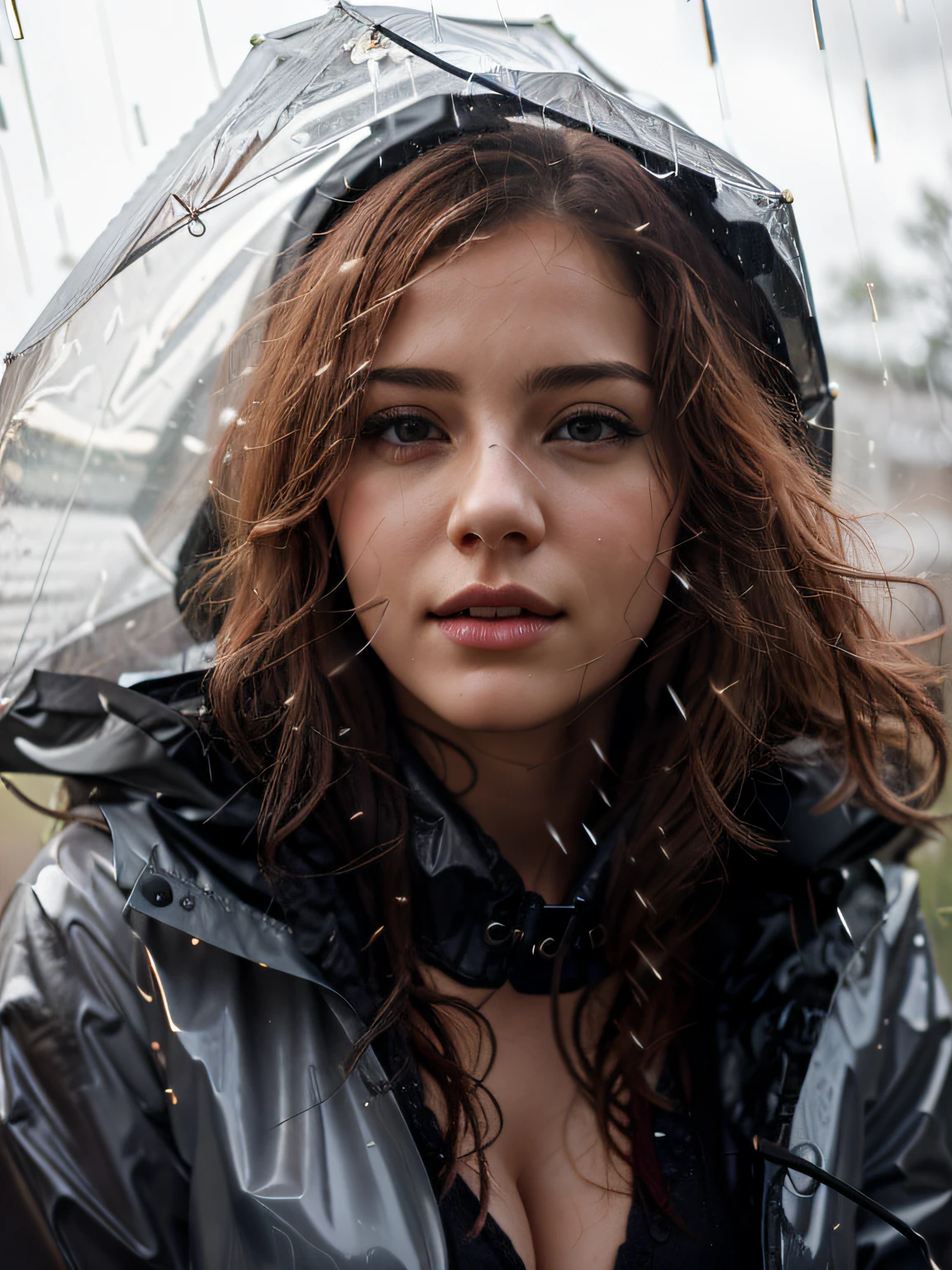 a pretty girl in a long pink shiny A frame buttoned raincoat, tall pink rainboots, long hair, wearing a hood, soaking wet in the rain, detailed facial features, beautiful detailed eyes, beautiful detailed lips, extremely detailed face and eyes, longeyelashes, photorealistic, 8k, masterpiece, highly detailed, intricate details, cinematic lighting, dramatic lighting, moody atmosphere, rainy, stormy weather, lush nature, forest background