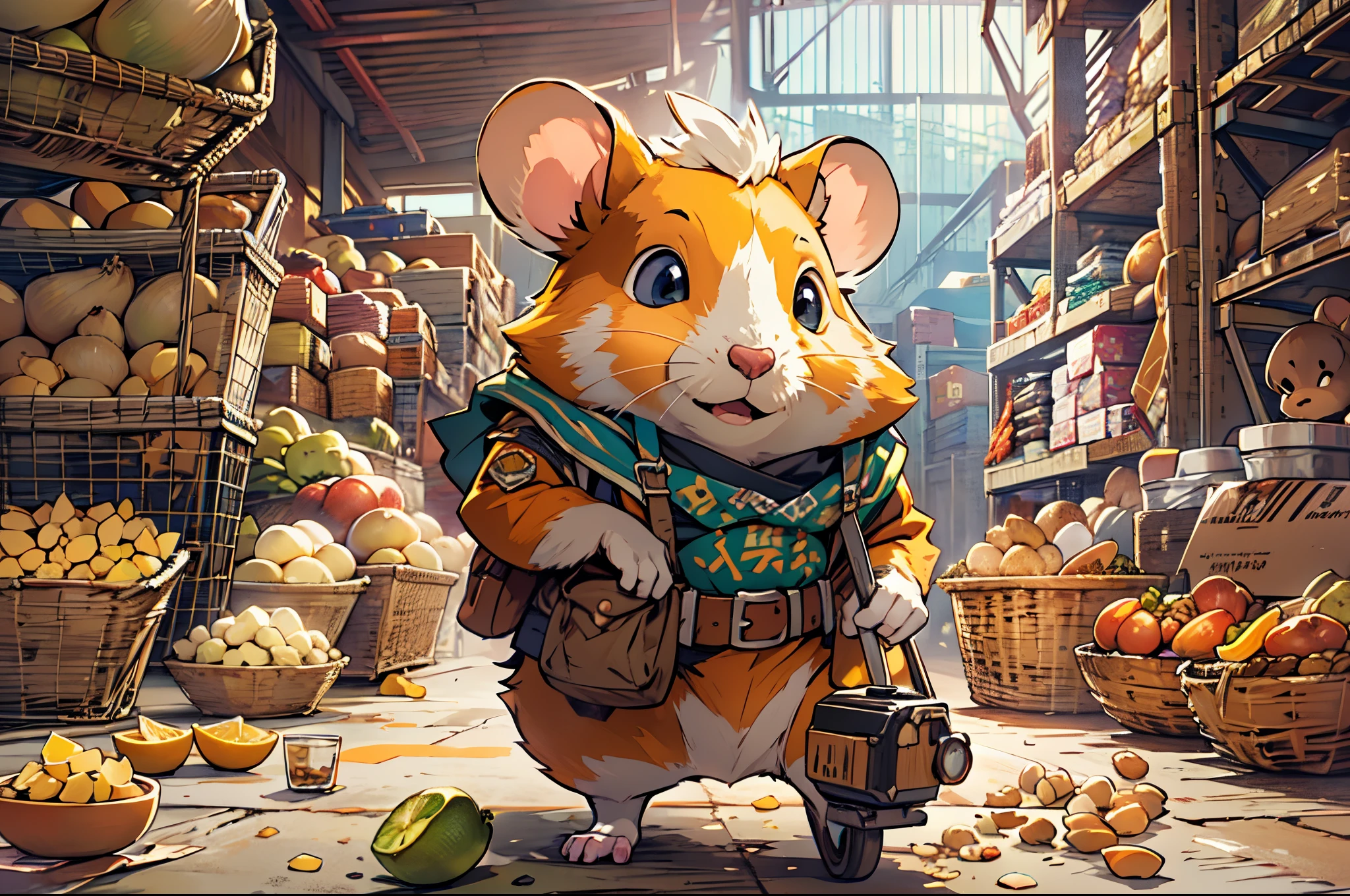 Hamster Adventurer,Adventurer costume,Huge warehouse,Abundant ingredients,potatoes,nachos,soybean,rice,pine nut,peanuts,walnuts,high saturated,hight contrast,vibrant with colors,mysterious hallucination,hyper realisitc,ultra real photo,ultra - detailed,ultraclear,hyper-detailing,tmasterpiece