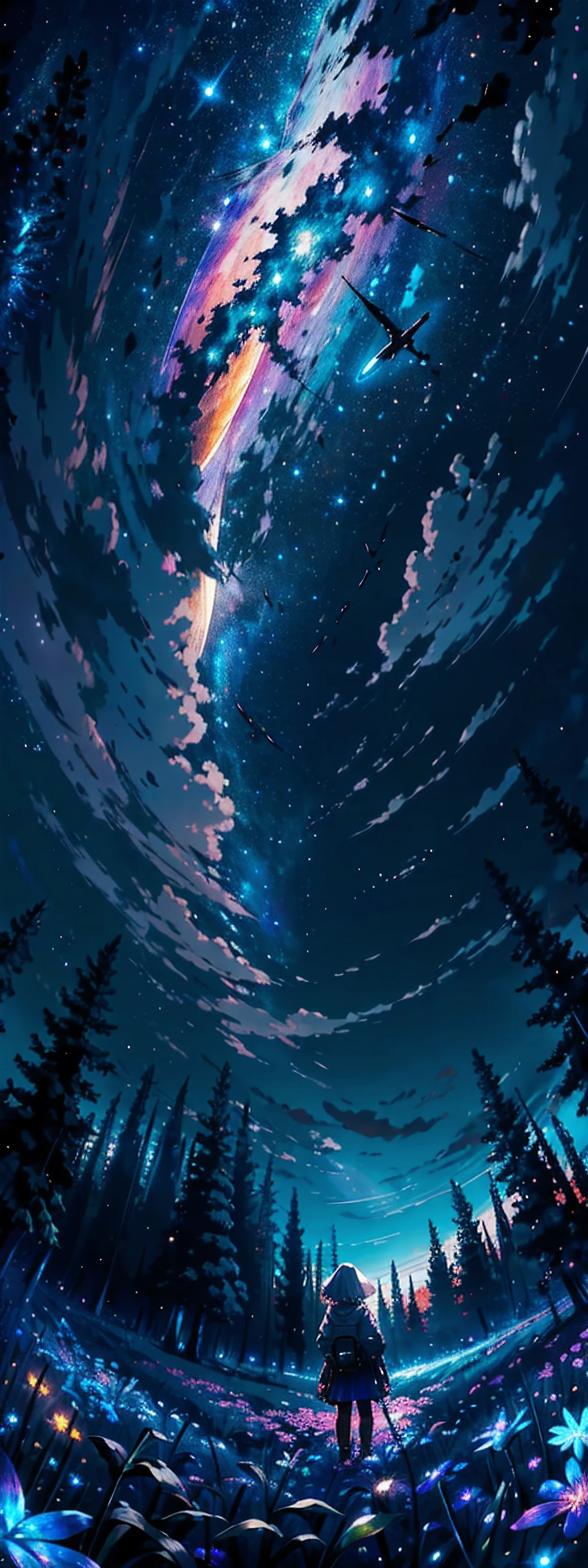 Expansive landscape photograph, (view from below with a view of the sky and the wilderness below), little girl standing in a flower field looking up, (full moon: 1.2), (shooting star: 0.9), (nebula: 1.3), distant mountain, tree break production art, (warm light source: 1.2), (firefly: 1.2), lamp, purple and orange, intricate detail, volume lighting BREAK (masterpiece: 1.2), (highest quality ), 4k, ultra-detailed, (dynamic configuration: 1.4), highly detailed and colorful details (iridescent: 1.2), (sparkling lighting, atmospheric lighting), dreamy, magical, (solo: 1.2)
