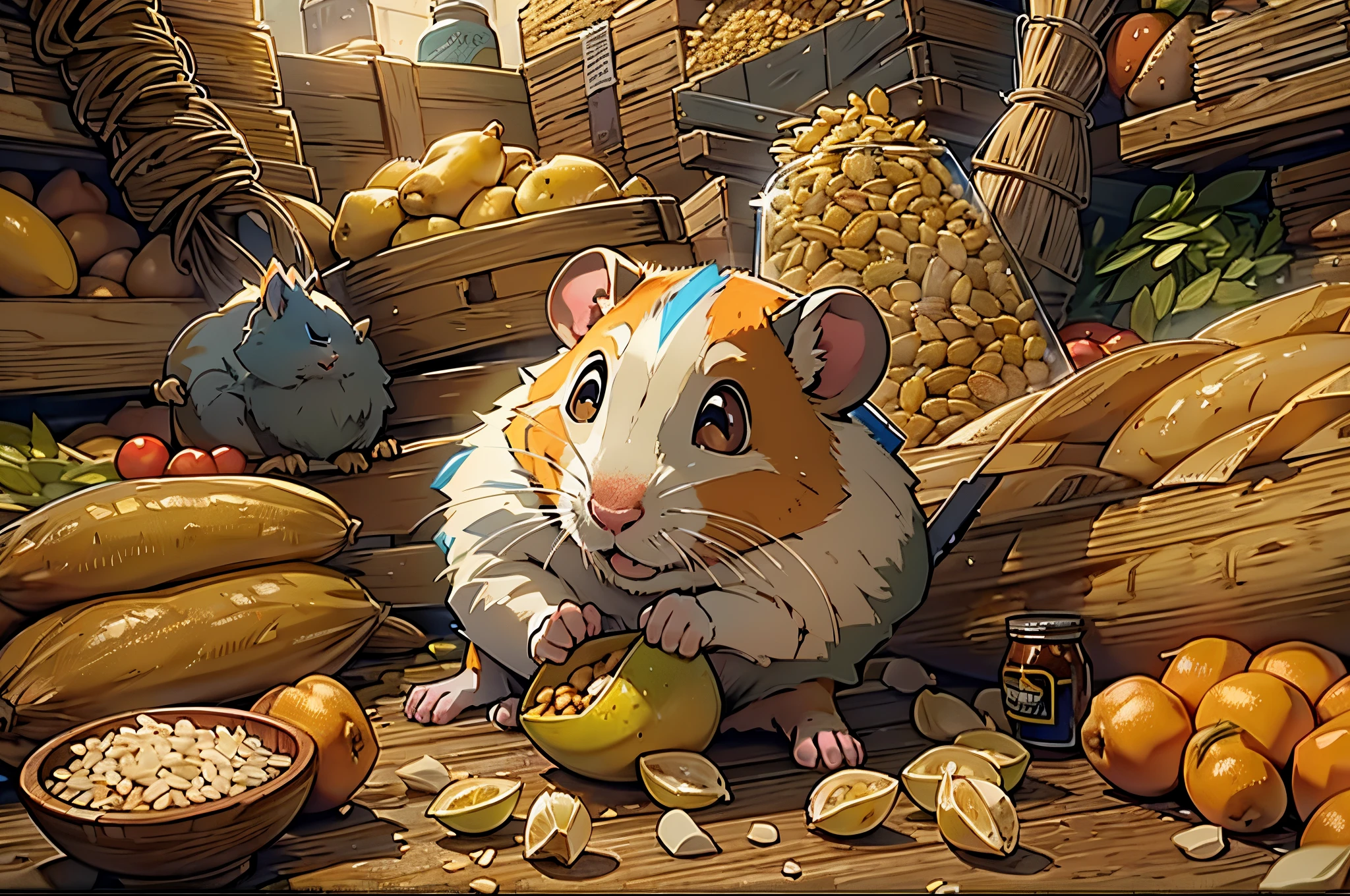 Hamster Adventurer,Adventurer costume,Huge warehouse,Abundant ingredients,potatoes,nachos,soybean,rice,pine nut,peanuts,walnuts,high saturated,hight contrast,vibrant with colors,mysterious hallucination,hyper realisitc,ultra real photo,ultra - detailed,ultraclear,hyper-detailing,tmasterpiece