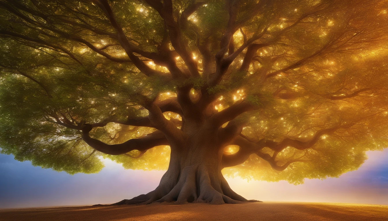Bodhi tree, symbol of Buddhism, iridescent in rainbow colors, with a golden aura around him with a very bright divine light descending from the sky, High Definition Image, detalhamento alto e estilo fotorrealismo. Imagem com pelo menos 300 dpi, UHD 8k