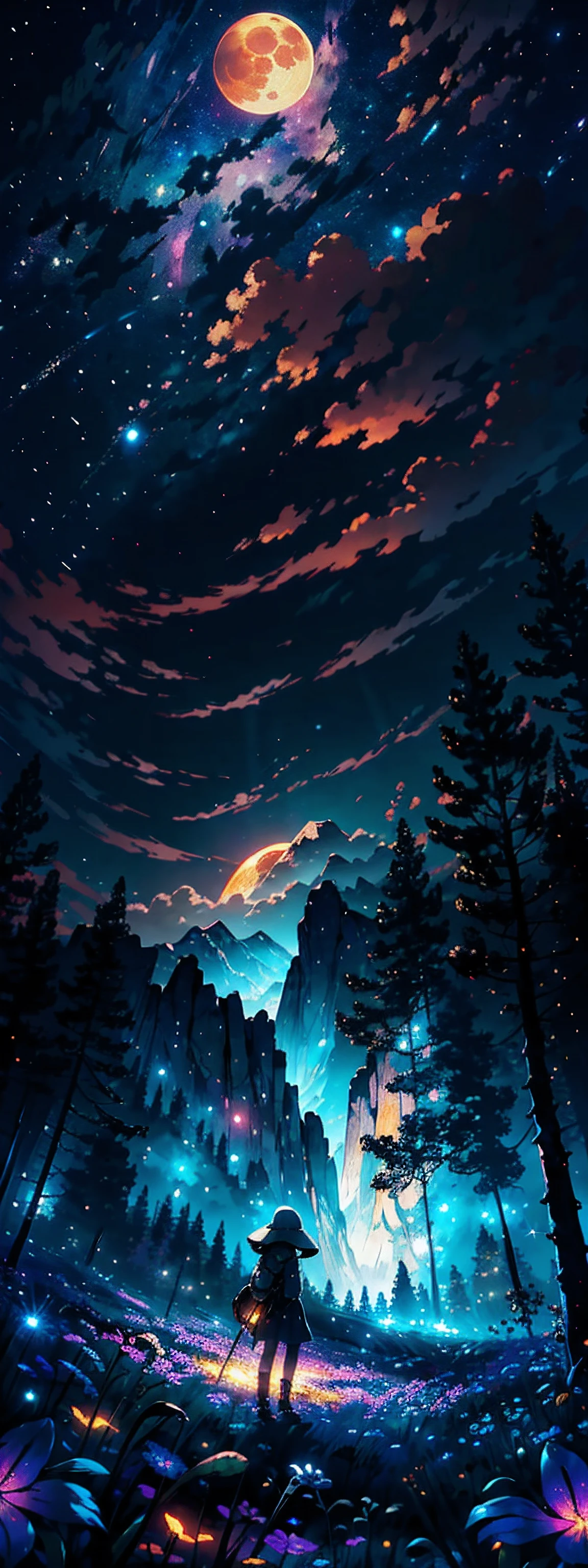 Expansive landscape photograph, (view from below with a view of the sky and the wilderness below), girl standing in a flower field looking up, (full moon: 1.2), (shooting star: 0.9), (nebula: 1.3), distant mountain, tree break production art, (warm light source: 1.2), (firefly: 1.2), lamp, purple and orange, intricate detail, volume lighting BREAK (masterpiece: 1.2), (highest quality ), 4k, ultra-detailed, (dynamic configuration: 1.4), highly detailed and colorful details (iridescent: 1.2), (sparkling lighting, atmospheric lighting), dreamy, magical, (solo: 1.2)