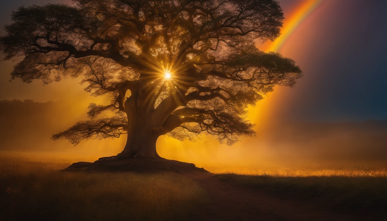 Bodhi tree, symbol of Buddhism, iridescent in rainbow colors, with a golden aura around him with a very bright divine light descending from the sky, High Definition Image, detalhamento alto e estilo fotorrealismo. Imagem com pelo menos 300 dpi, UHD 8k