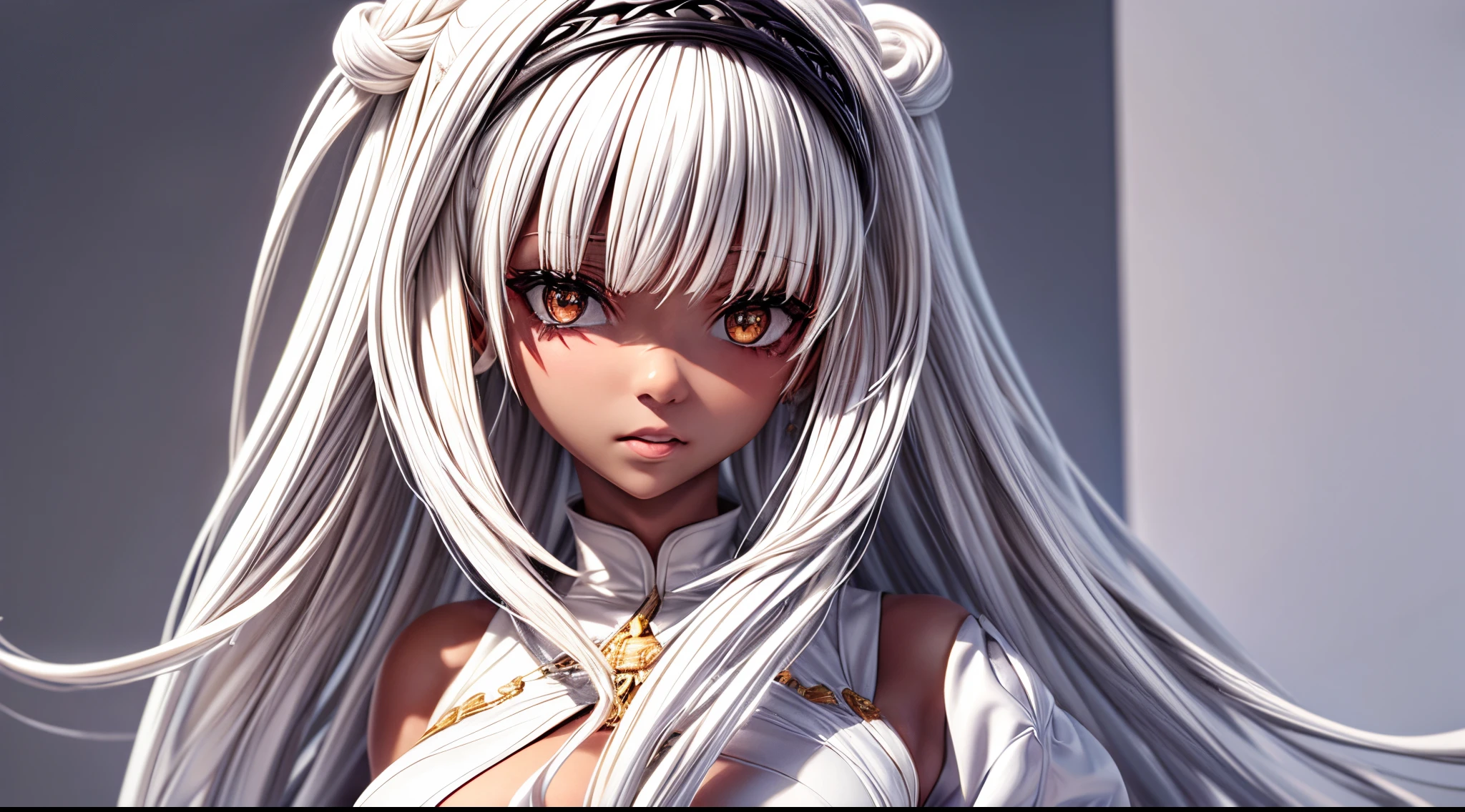 a black girl with, white hair, long hair, white dress, white eyes, black skin