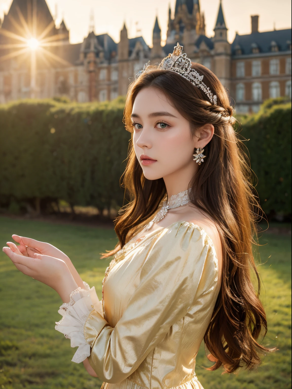 A noble looking princess, with medium length brown hair, green eyes, fancy accessories, princess clothing, Victorian era style fashion, big castle background, sunrise, photographic backdrop, studio lighting, 8k, high resolution