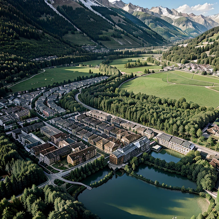 A precise and photorealistic rendering of the Swiss city Gstaad in bird's eye view. based on how the city looks in real life