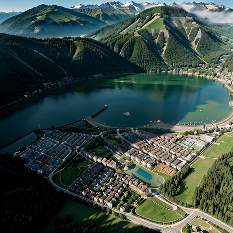 A precise and photorealistic rendering of the Swiss city Gstaad in bird's eye view. based on how the city looks in real life