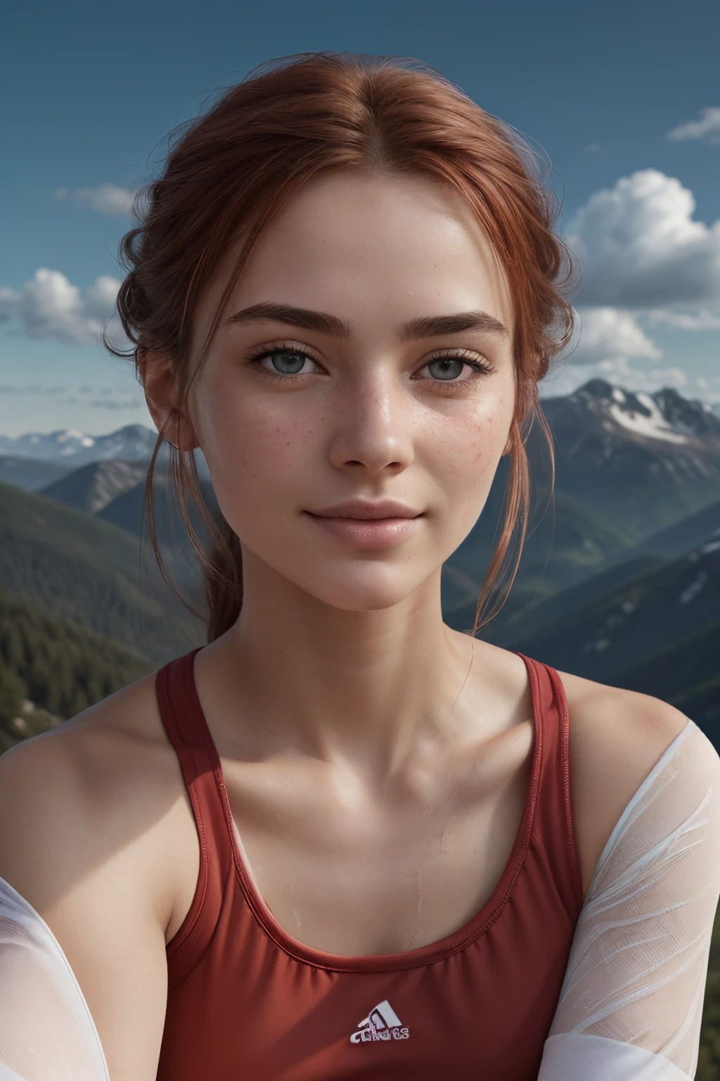 Naturescape photography; mountain climbing; (1woman:1.1, solo), (cowboy shot:1.3), (slender body), (Small breasts) , (wet white t-shirt, white running shorts, athletic wear, terrain running shoes), (Running along a mountain road, Rough road, boulders), (curly red hair), (nordic girl, 18-year-old, ultra delicate face, ultra Beautiful fece, ultra delicate eyes, ultra detailed nose, ultra detailed mouth, ultra detailed facial features, natural skin, blemishes), (breasts are small: 0.5) (face is shiny:0.8), (natural skin:1 ), (smiling:0.8), (Spectacular summer mountain views, with rugged Norwegian mountain ranges in the distance, and the wonderful contrast of blue skies and white clouds), (Highest Quality, hyper-realistic:1.3, Super dense, very detailed illustration, Best image quality, very detailed illustration) natural skin, blemishes, detail skin texture, full body pose, natural skin poors