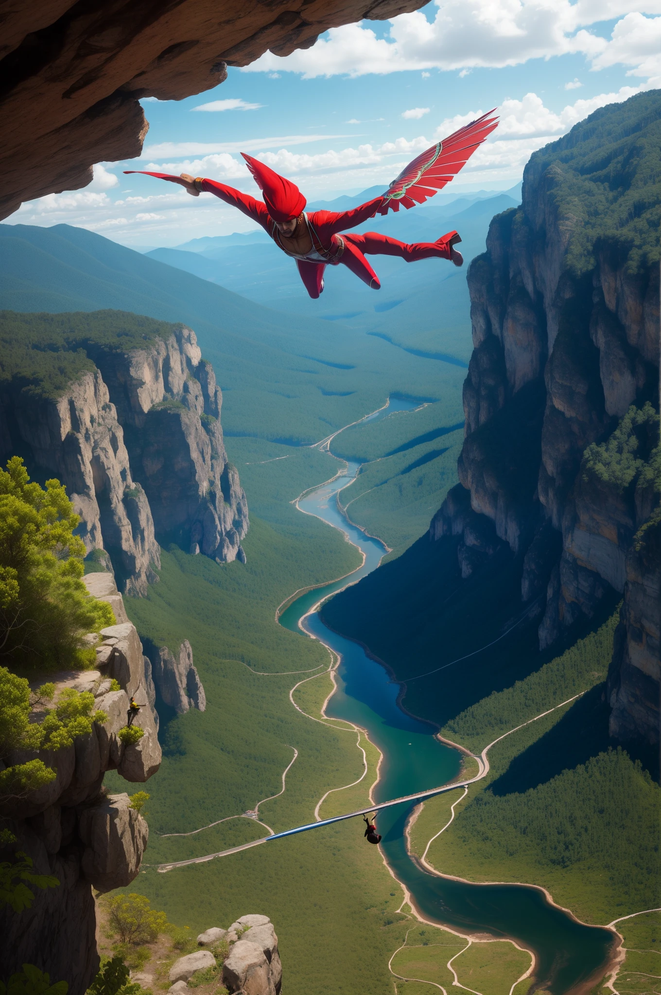 Omniman flying with open arms facing away from me, mas de frente pro Homelander numa linda paisagem montanhosa e florestal