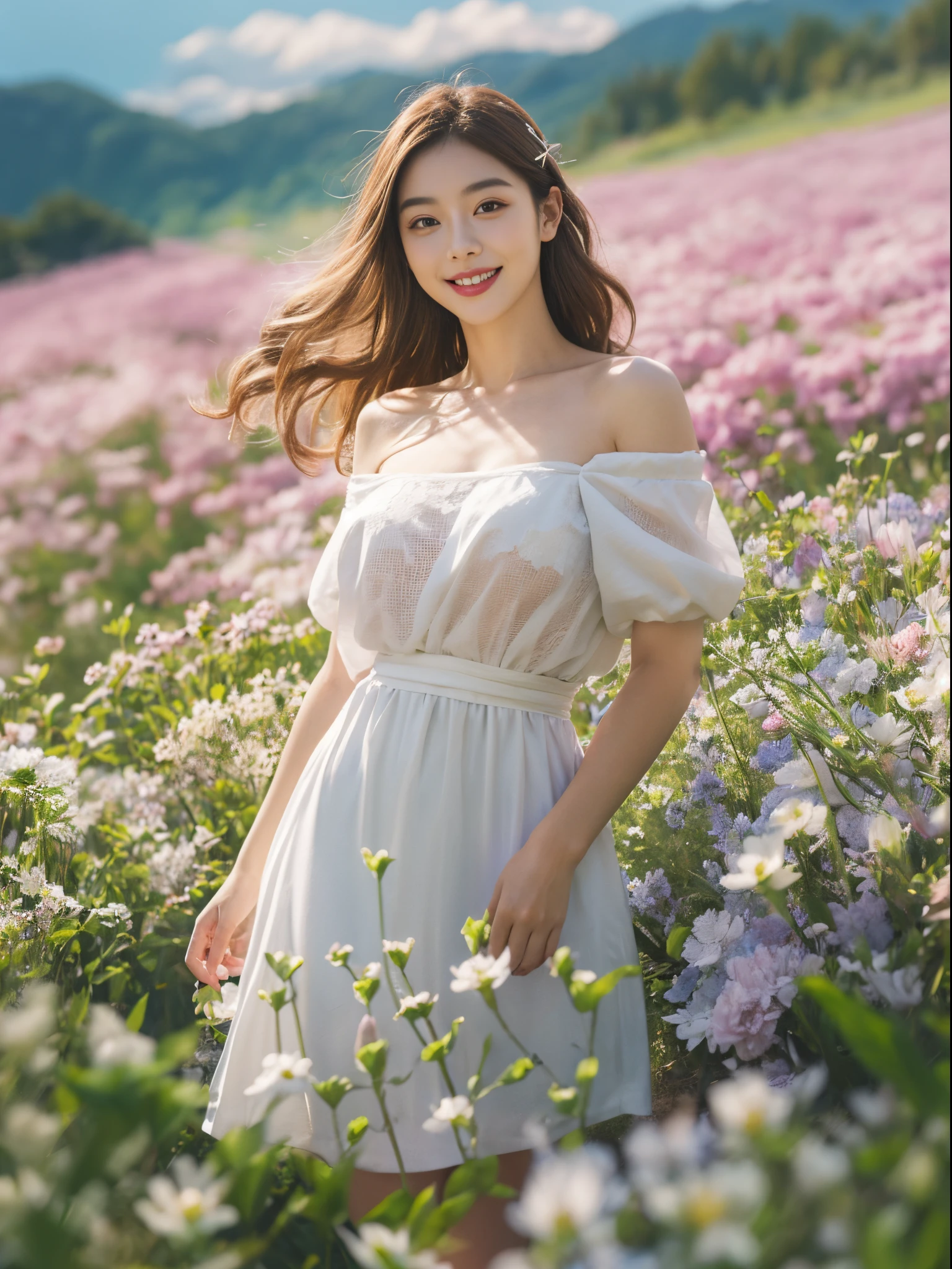 Best quality, masterpiece, ultra high res, (photorealistic:1.4), raw photo, 1girl, white dress, off shoulder, blossom flower field, glowing skin, light smile