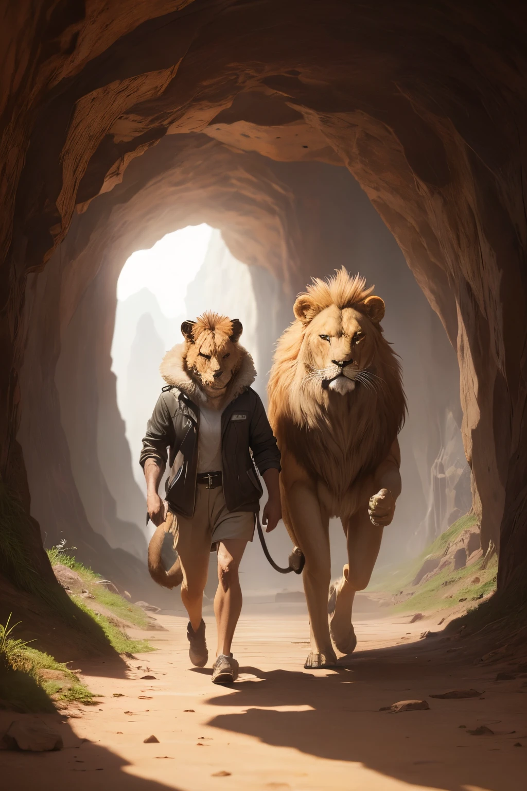 a lion and a jackal walking together in cave