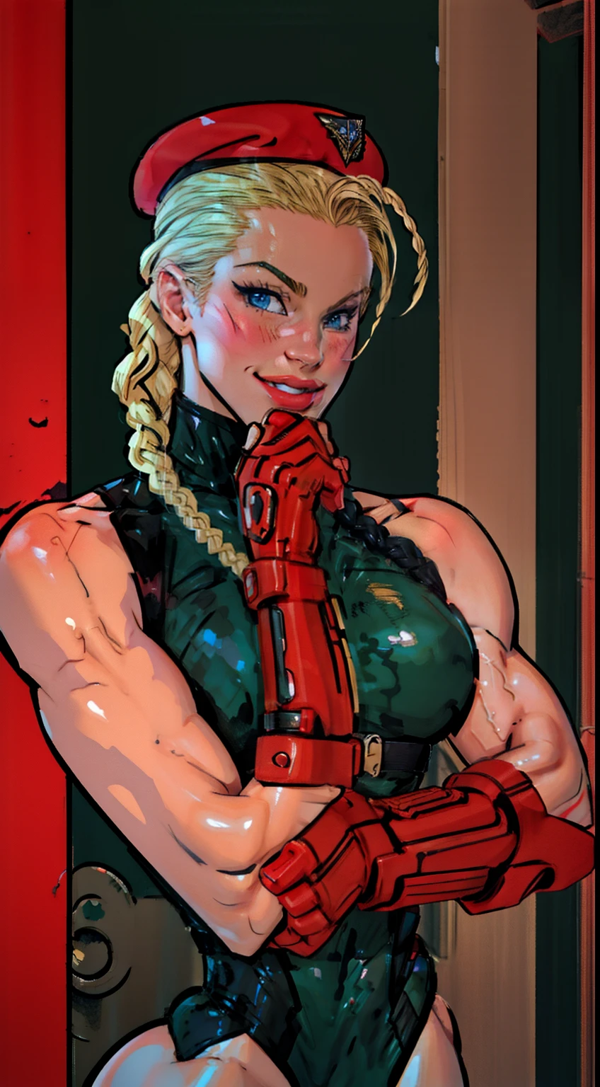 Drawing of cammy_white , cammy sf6,1girl ,solo , bang , scar on cheek ,blonde hair , blue eyes, ling braided hair, red military beret, red gloves , green leotard, looking at viewer, upper body ,blush , smile , happy , red lipstick, ink, outline, comics lineart, black and white Manga, veins, beautiful face, full lips, slim face, high cheekbones, muscular,