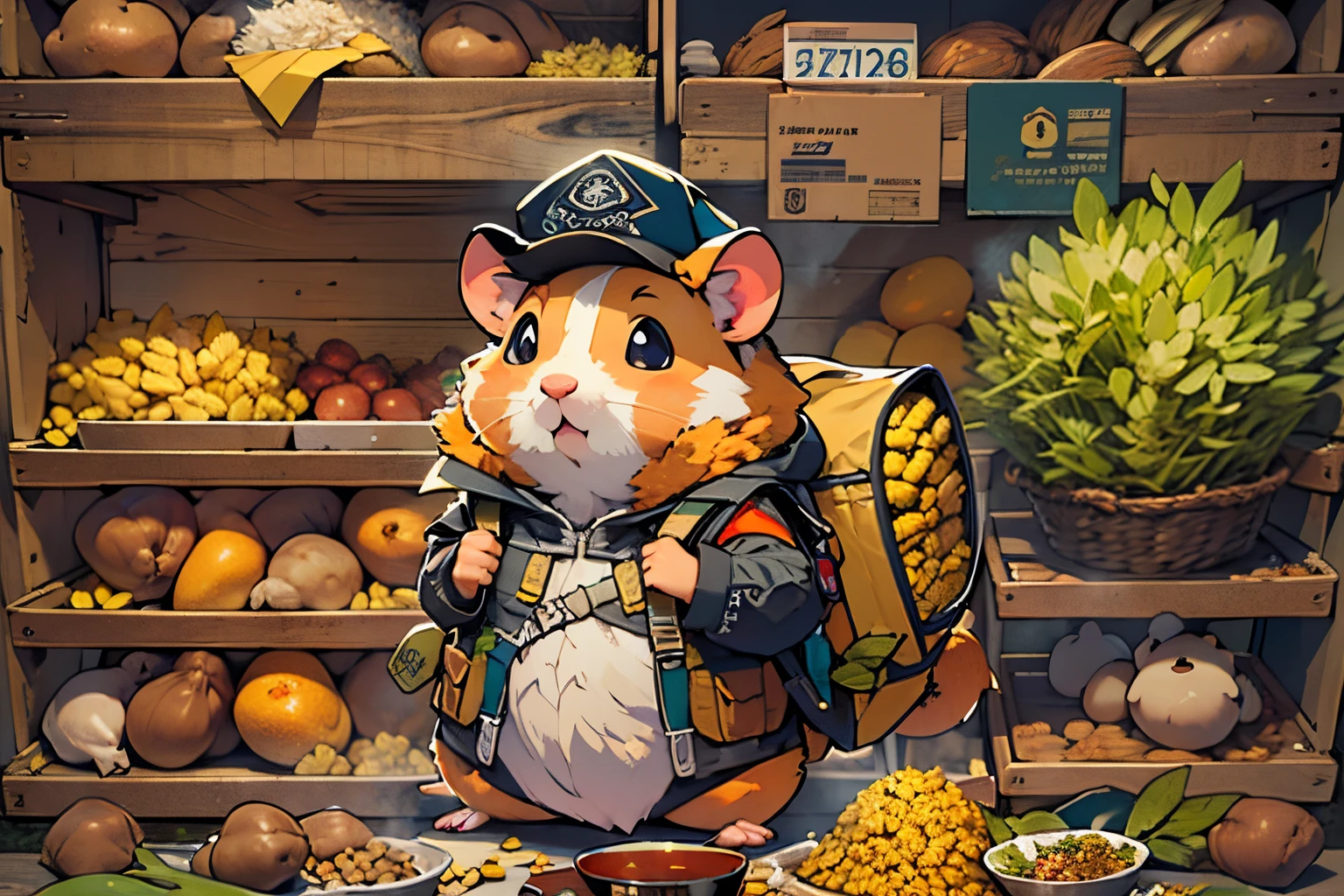 Hamster Adventurer,adventurer clothing,adventurer hat,backpacks,Huge warehouse,Plenty of ingredients,potatoes,corn flake,soybean,meter,pine nut,peanuts,walnuts,high saturated,hight contrast,Vibrant colors,mysterious hallucination,hyper realisitc,ultra real photo,ultra - detailed,ultraclear,hyper-detailing,tmasterpiece