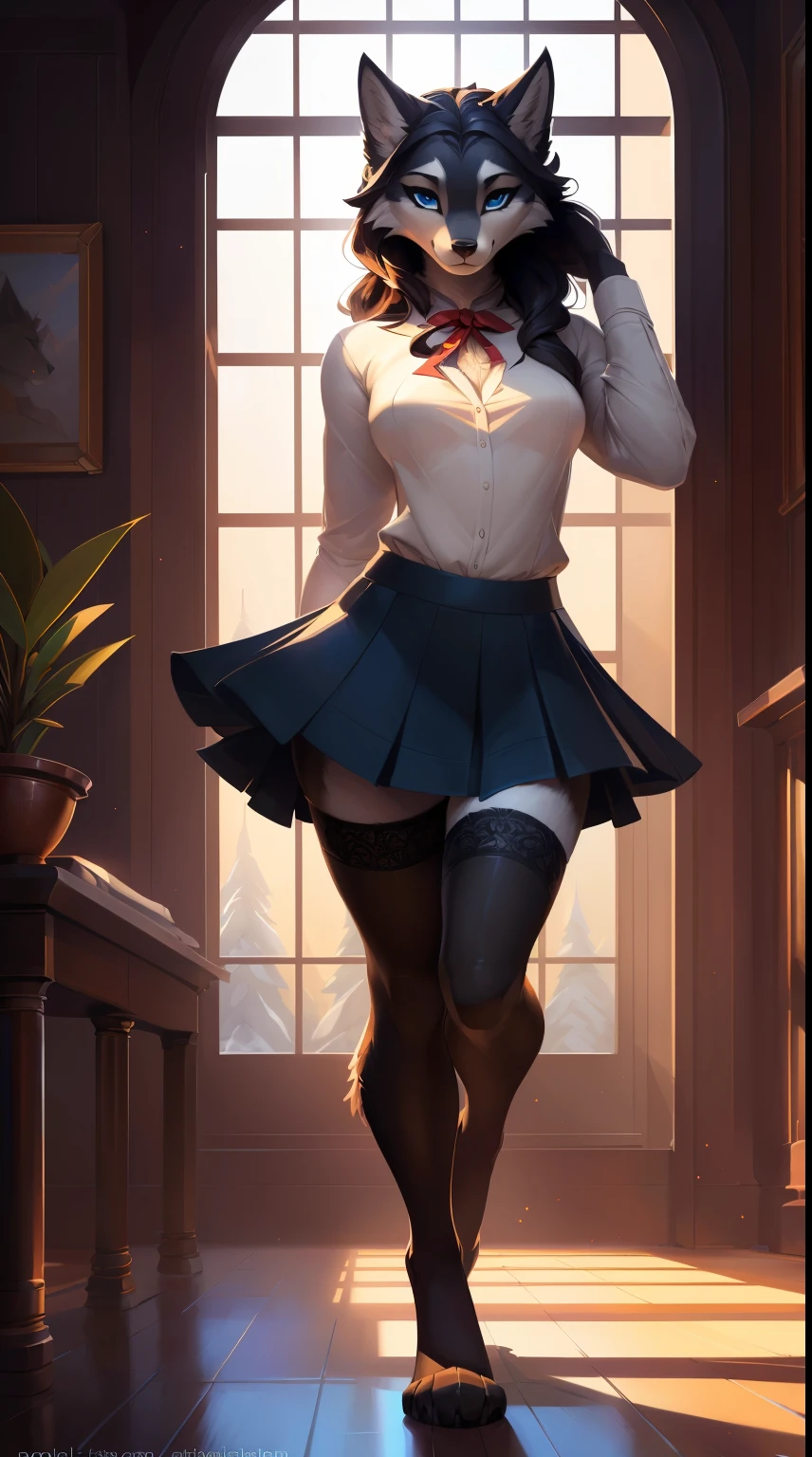 uploaded on e621, by Pixelsketcher, by Bayard Wu, by Thomas Benjamin Kennington, by Einshelm, solo anthro, ((Portrait)), (winter school uniform, blouse, skirt), (detailed Bonifasko lighting), Burlesque Goddess, (Detailed fur), (detailed skin), (Cinematic lighting), ((Detailed background)), (half body shadow), [ambient light on the belly], [explict content], [sharp-focus], (Questionable content), (shaded), ((Masterpiece), hands on the waist, asymmetrical wavy hair, Average Breasts, pectoral muscles, Fluffy grey wolf, Wavethesallow Face, furry fantasy art, anthro art, commission for high res, Furry art, pov furry art, Sakimichan is beautiful, Masterpiece, big hips, Best Quality, Detailed image, Bright colors, Detailed Face, perfect lighting, Perfect shadows, Perfect eyes, focus on girl, flawless face, small breasts, gorgeous body, Hourglass body, shiny body, feet focus, Girl wolf, Fluffy, fluffy woman, Body fur, Animal nose, muzzle, two-toned fur, gaze at the viewer, half closed eyes, 1girl, full body, (Masterpiece:1.2), (Best Quality:1.2), (illustartion:1.2), (Cinematic lighting:1.3), Detailed fur, Balanced coloring, Global Illumination, good lighting, wolfy tail, Furry, anthro, furry cleavage, open breasts, attractive body, sexy body, looking a viewer, seductive gaze, thick-thighs, fit body, Best Stockings, Suggested Pose, Seductive Leg Pose, classrom, playful