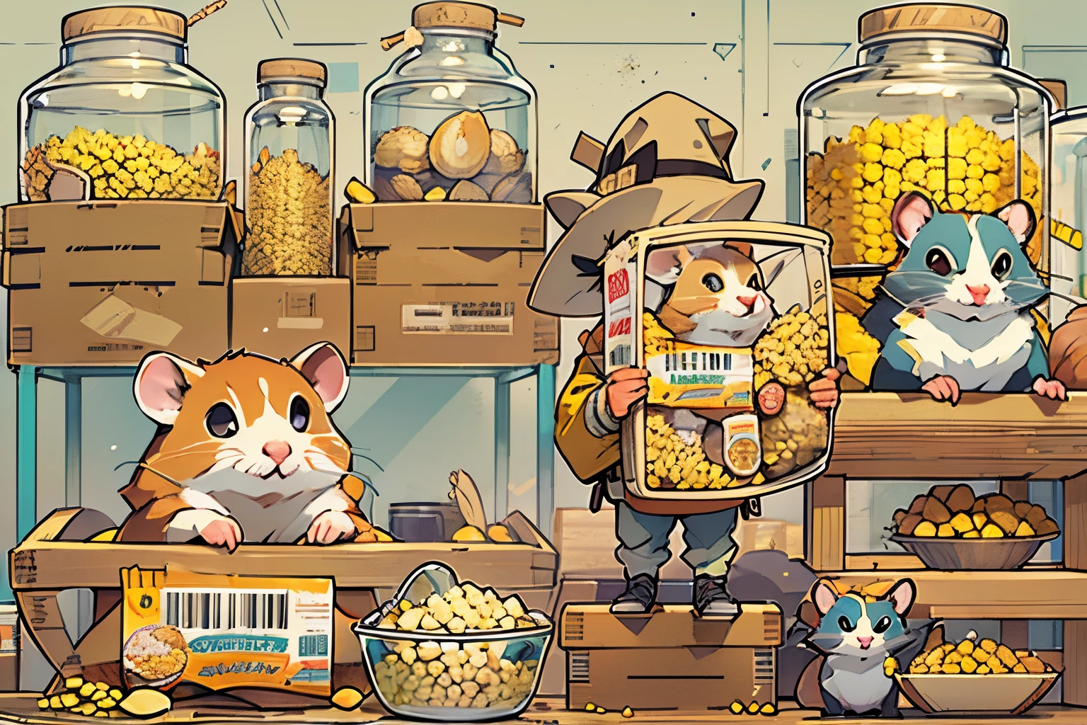 Hamster Adventurer，adventurer clothing，adventurer hat，backpacks，Huge warehouse，Plenty of ingredients，potatoes，corn flake，soybean，meter，pine nut，peanuts，walnuts，high saturated，hight contrast，Vibrant colors，mysterious hallucination，hyper realisitc，ultra real photo，ultra - detailed，ultraclear，hyper-detailing，tmasterpiece