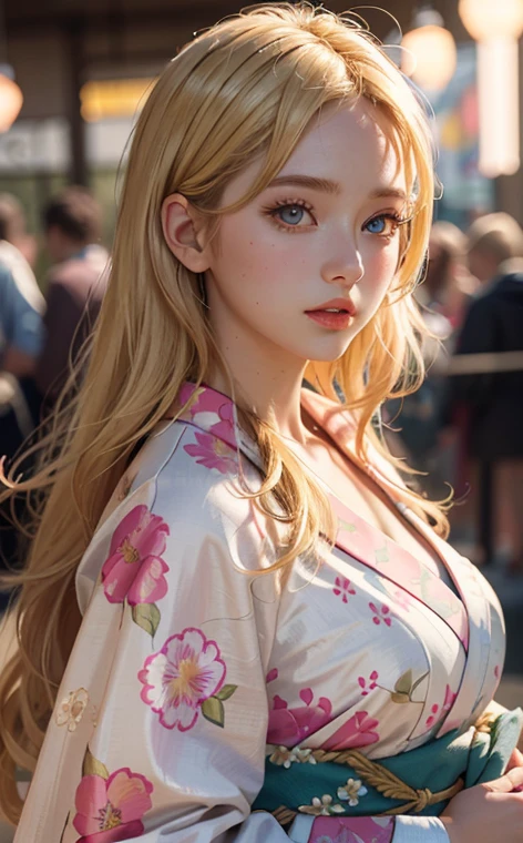 Best masterpiece, ultra HD photo, 4k, 1girl, floral kimono, flowers, beautiful girl, blonde hair, bright eyes, pastel color, detailed face, detailed eyes, detailed lips, bust photo, dynamic lighting, dynamic poses, pureerosface